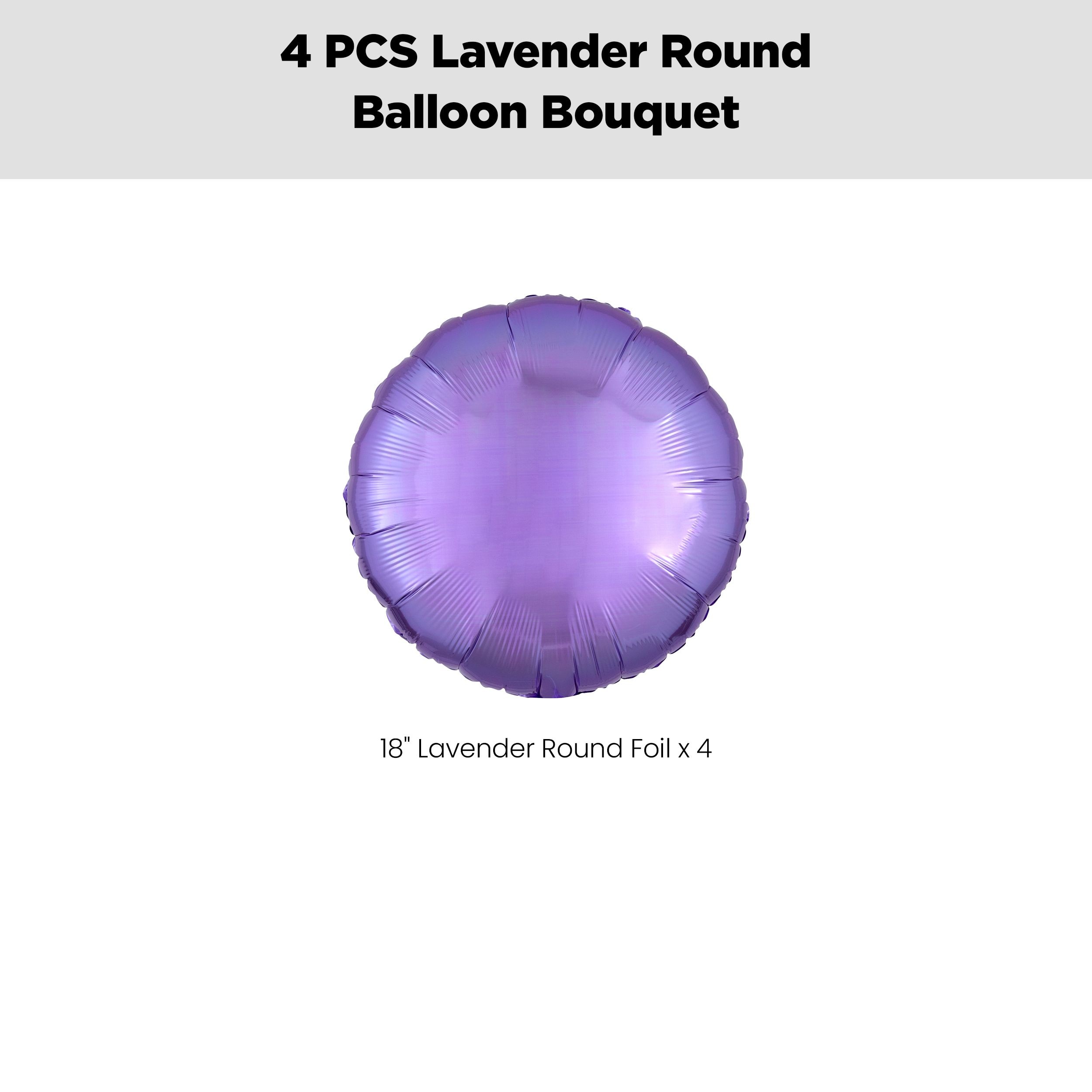 Round Foil Balloon Bouquet, Lavender, 4-pk, Helium Inflation & Ribbon Included for Birthday/Special Occasion Front_Flat