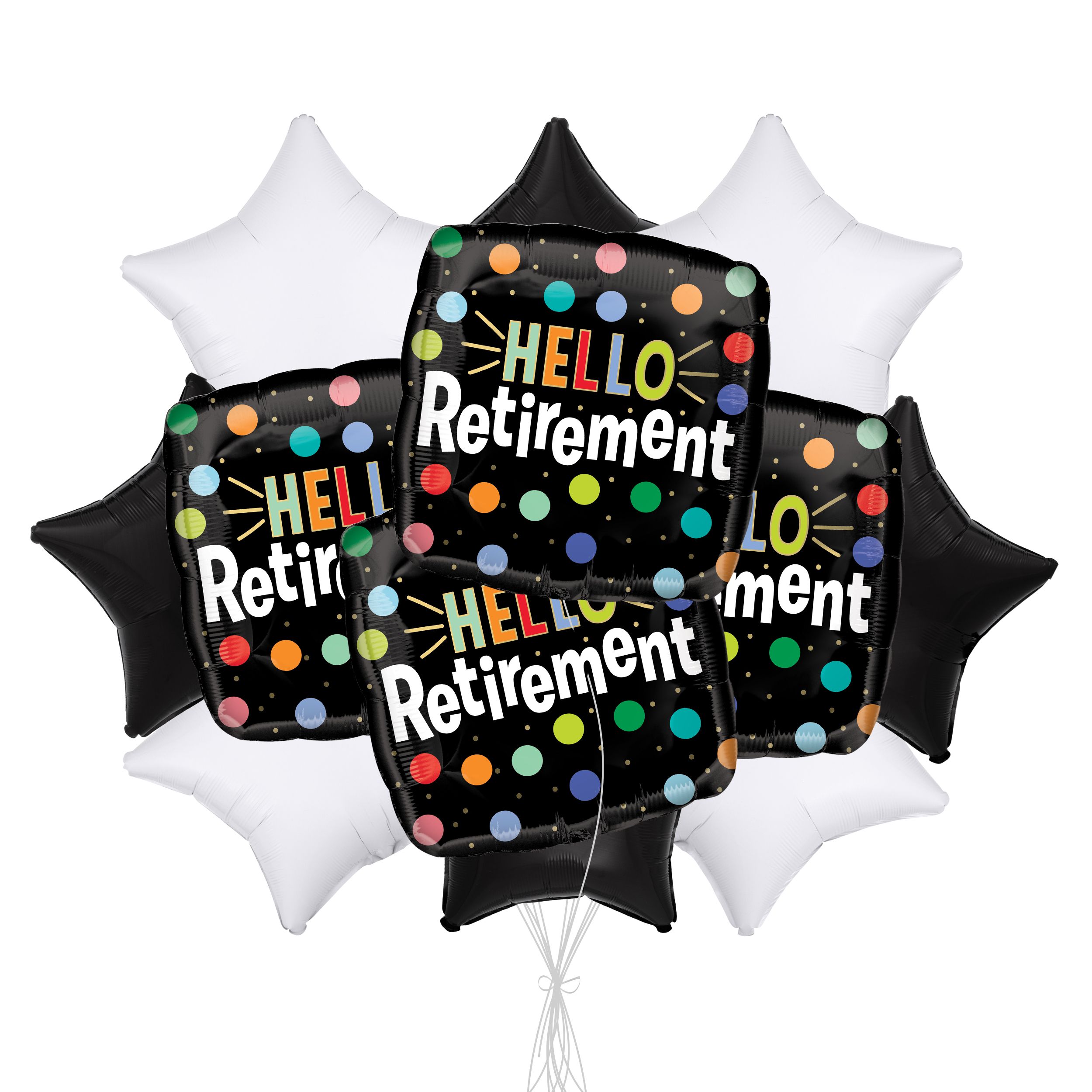"Hello Retirement" Balloon Bouquet with Star Foil Balloons, Black/White, 12-pk, Helium Inflation & Ribbon Included Front_Flat