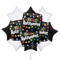 Bouquet de ballons «¿Hello Retirement¿» avec ballons en aluminium, forme étoile, noir et blanc, paq. 12, gonflage à l¿hélium et ruban compris