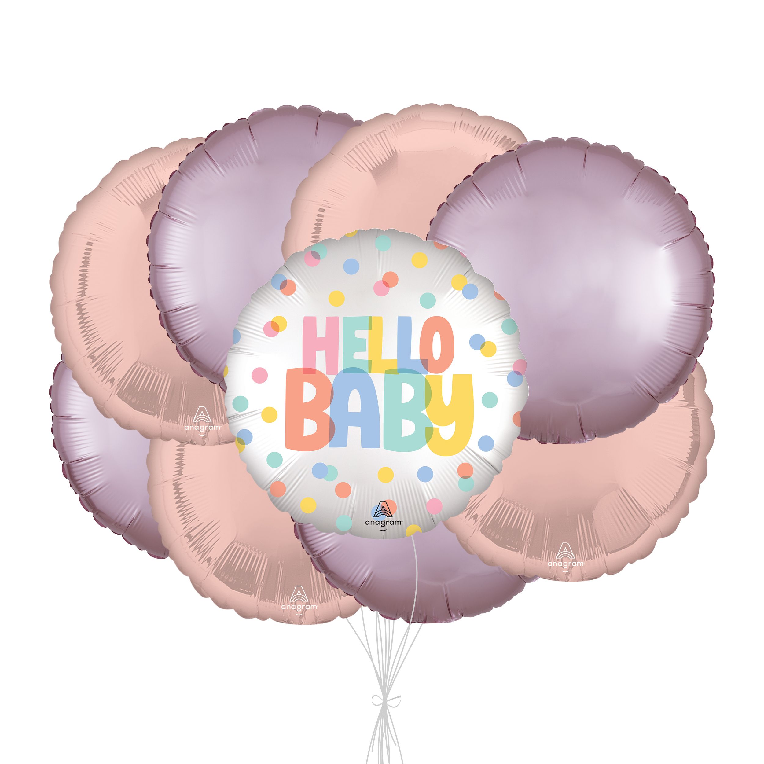 Bouquet de ballons avec ballon satin moderne « Hello Baby » et ballons ronds en aluminium, rose, rose pastel, paq. 9, gonflage à l’hélium et ruban compris Front_Flat