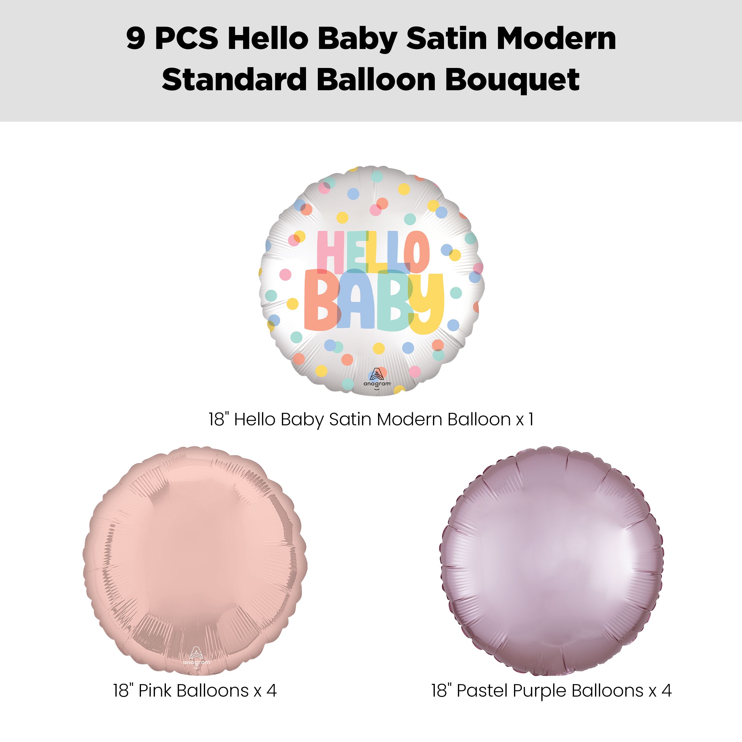 "Hello Baby" Satin Modern Balloon Bouquet with Round Foil Balloons, Pink/Pastel Pink, 9-pk, Helium Inflation & Ribbon Included Front_Flat