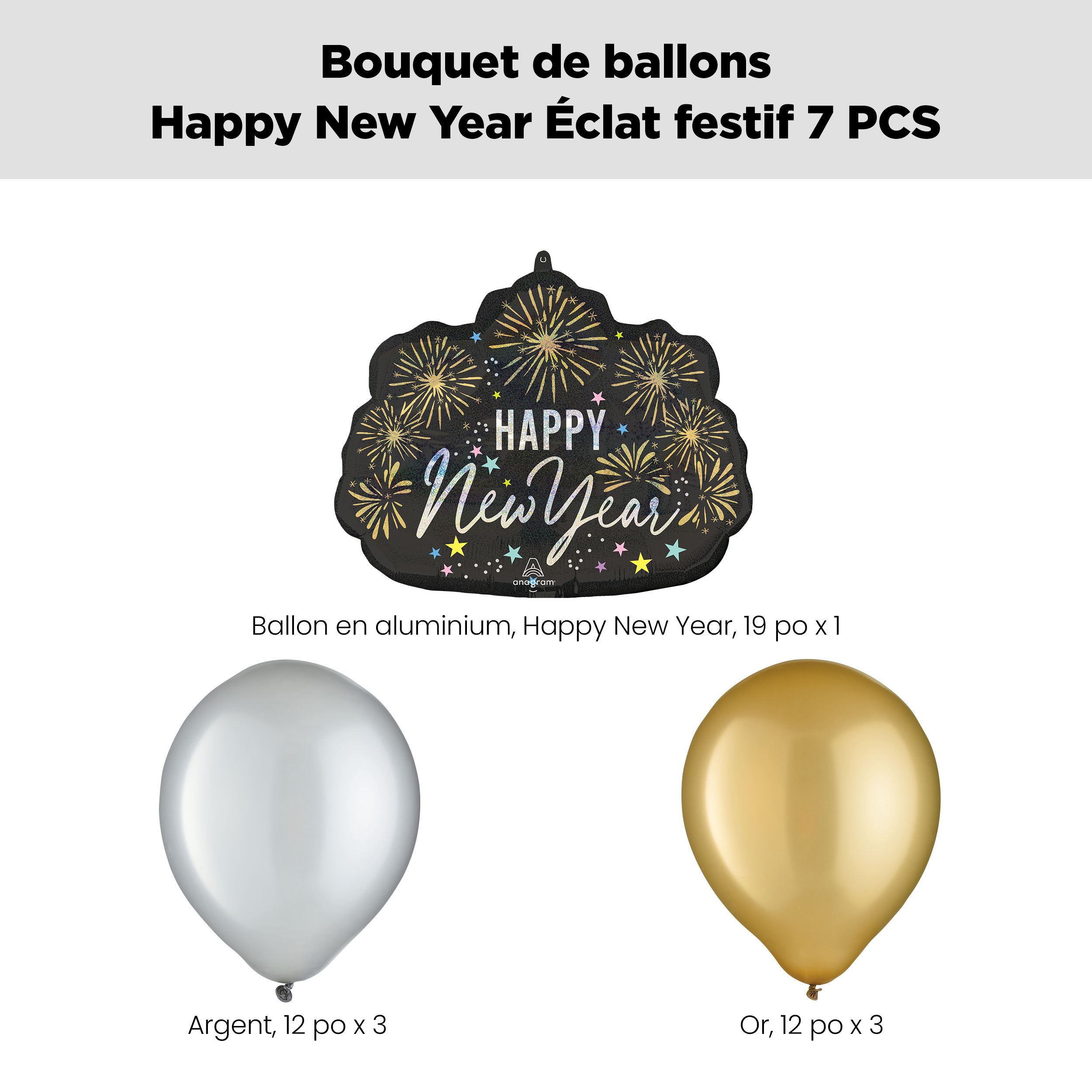 Bouquet de ballon de forme extraordinaire avec éclat festif avec ballons en latex, argenté/noir, paq. 7, gonflage à l'hélium et ruban inclus Front_Flat