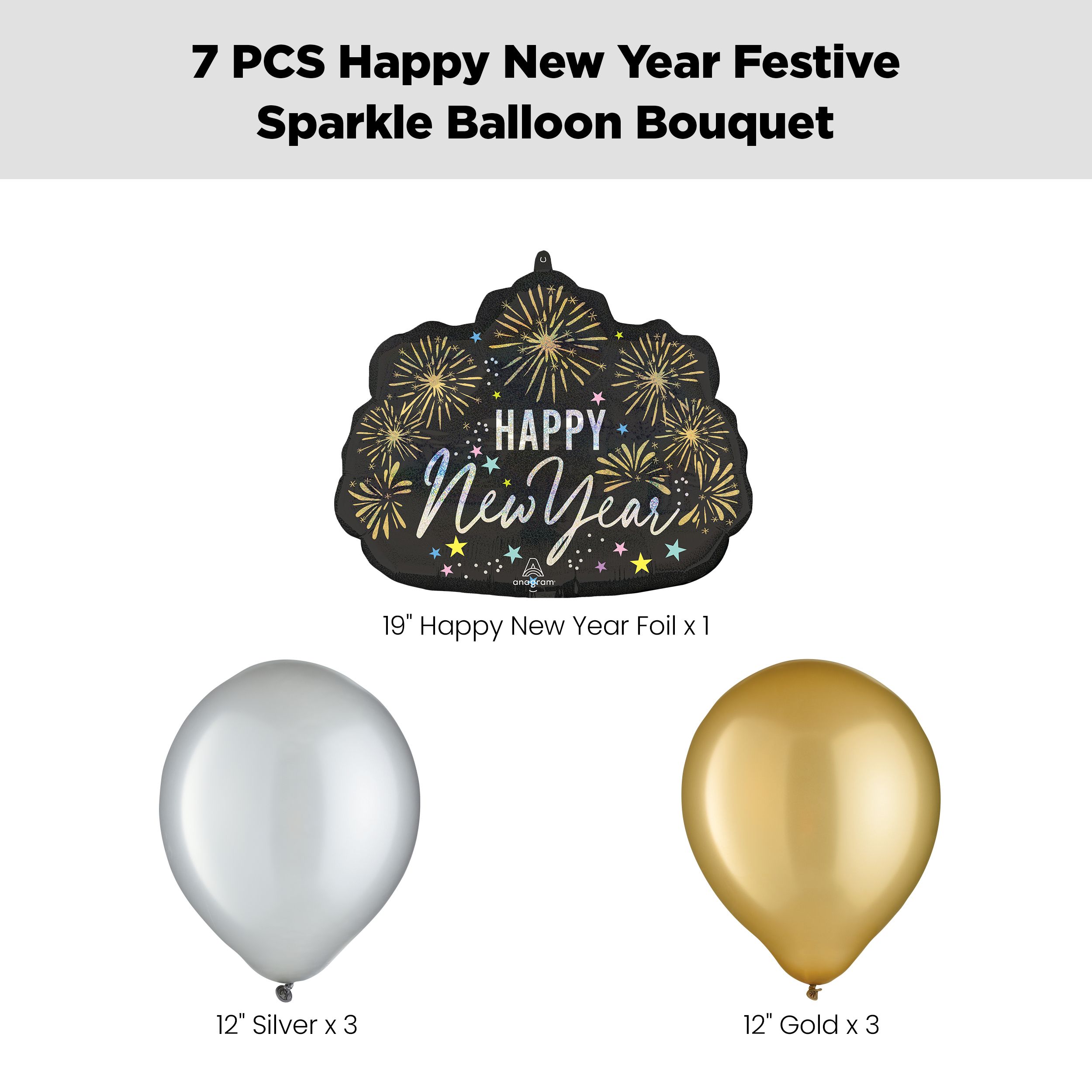 "Happy New Year" Festive Sparkle Supershape Balloon Bouquet with Latex Balloons, Silver/Gold, 7-pk, Helium Inflation & Ribbon Included Front_Flat