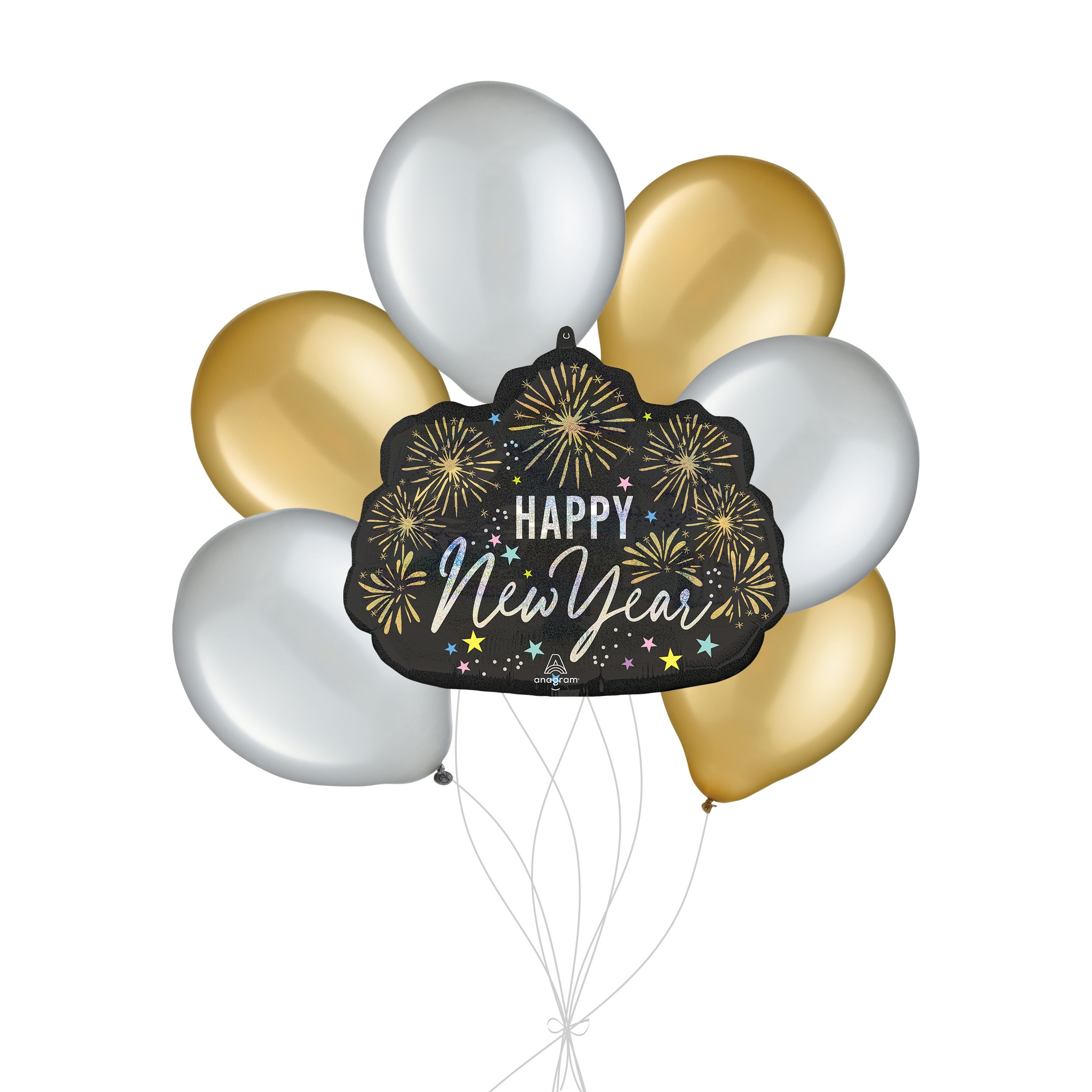 "Happy New Year" Festive Sparkle Supershape Balloon Bouquet with Latex Balloons, Silver/Gold, 7-pk, Helium Inflation & Ribbon Included Front_Flat