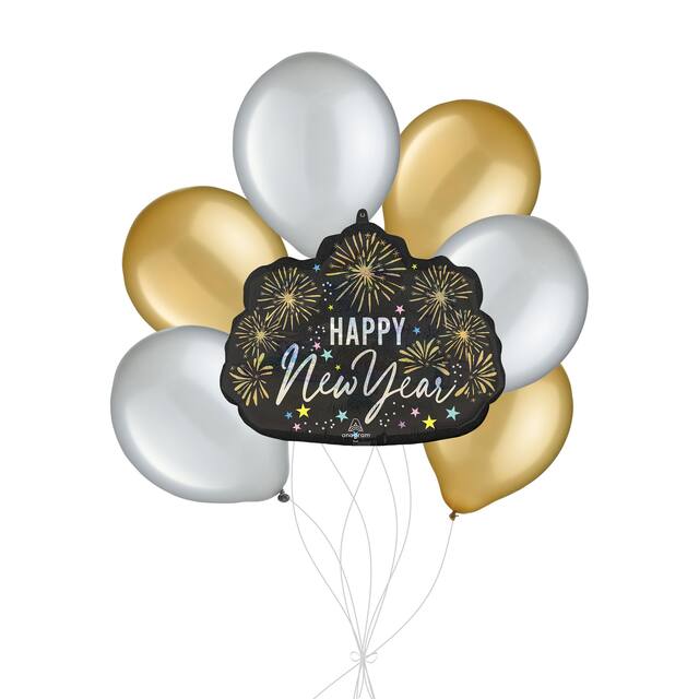 Bouquet de ballon de forme extraordinaire avec éclat festif avec ballons en latex, argenté/noir, paq. 7, gonflage à l'hélium et ruban inclus Front_Flat