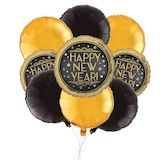 "Happy New Year" Round Satin Foil Balloon Bouquet with Foil Balloons, Gold/Black, 9-pk, Helium Inflation & Ribbon Included for New Year's Eve Front_Elevated