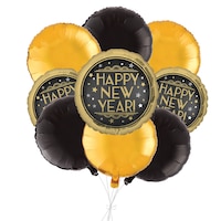 "Happy New Year" Round Satin Foil Balloon Bouquet with Foil Balloons, Gold/Black, 9-pk, Helium Inflation & Ribbon Included for New Year's Eve