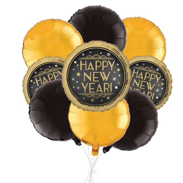 Bouquet de ballons ronds métalliques satinés Happy New Year avec ballons à effet métallique, doré/noir, paq. 9, gonflage à l’hélium et ruban inclus, pour veille du jour de l’An Front_Elevated