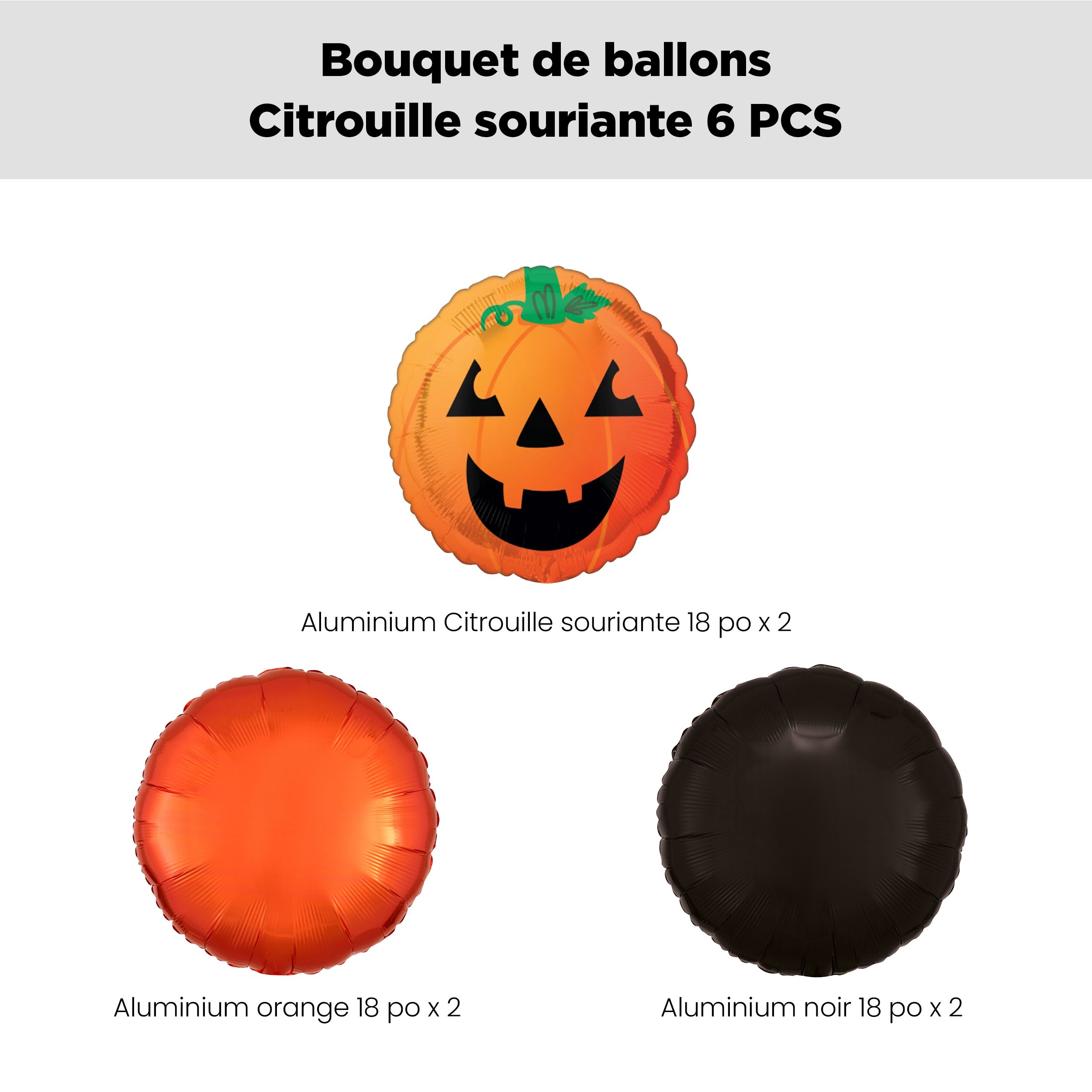 Bouquet de ballons Citrouille souriante avec ballons en aluminium ronds, orange/noir, paq.&nbsp;6, gonflage à l’hélium et ruban inclus pour l’Halloween Front_Flat