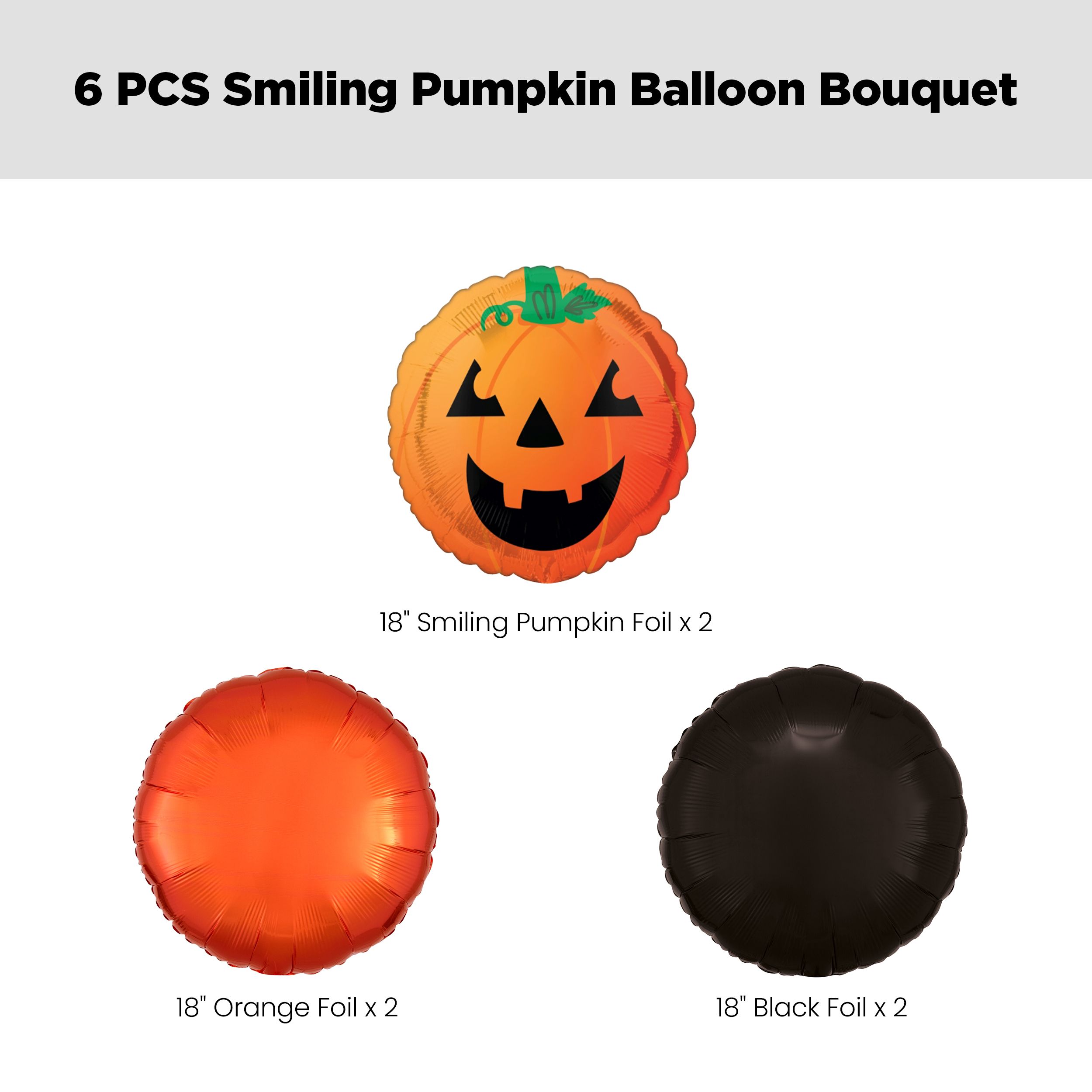 Smiling Pumpkin Balloon Bouquet with Round Foil Balloons, Orange/Black, 6-pk, Helium Inflation & Ribbon Included for Halloween Front_Flat