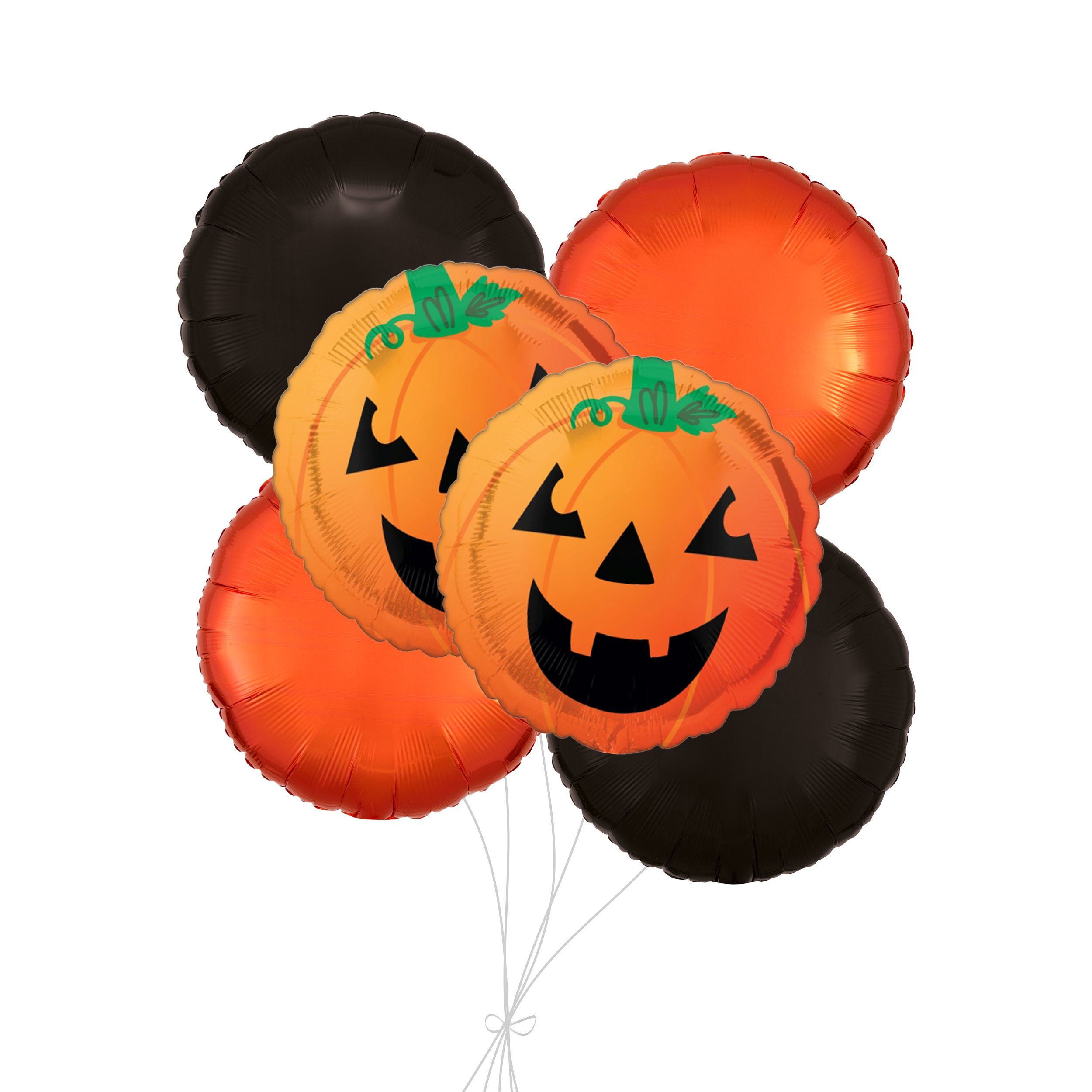Bouquet de ballons Citrouille souriante avec ballons en aluminium ronds, orange/noir, paq.&nbsp;6, gonflage à l’hélium et ruban inclus pour l’Halloween Front_Flat