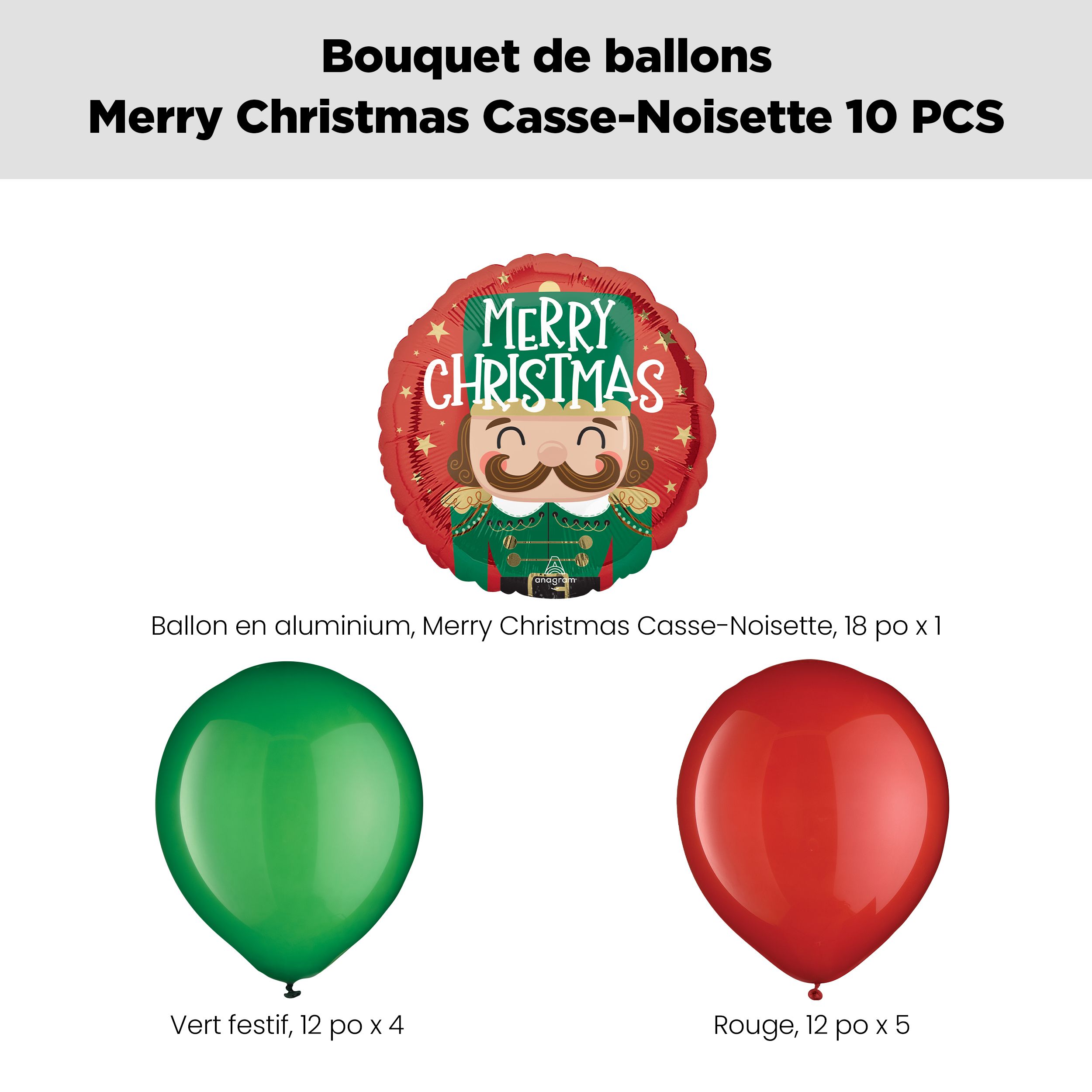 Bouquet de ballon Atelier casse-noisettes Merry Christmas avec ballons en latex, rouge/vert festif, 10 pièces, gonflement à l'hélium et ruban inclus Front_Flat