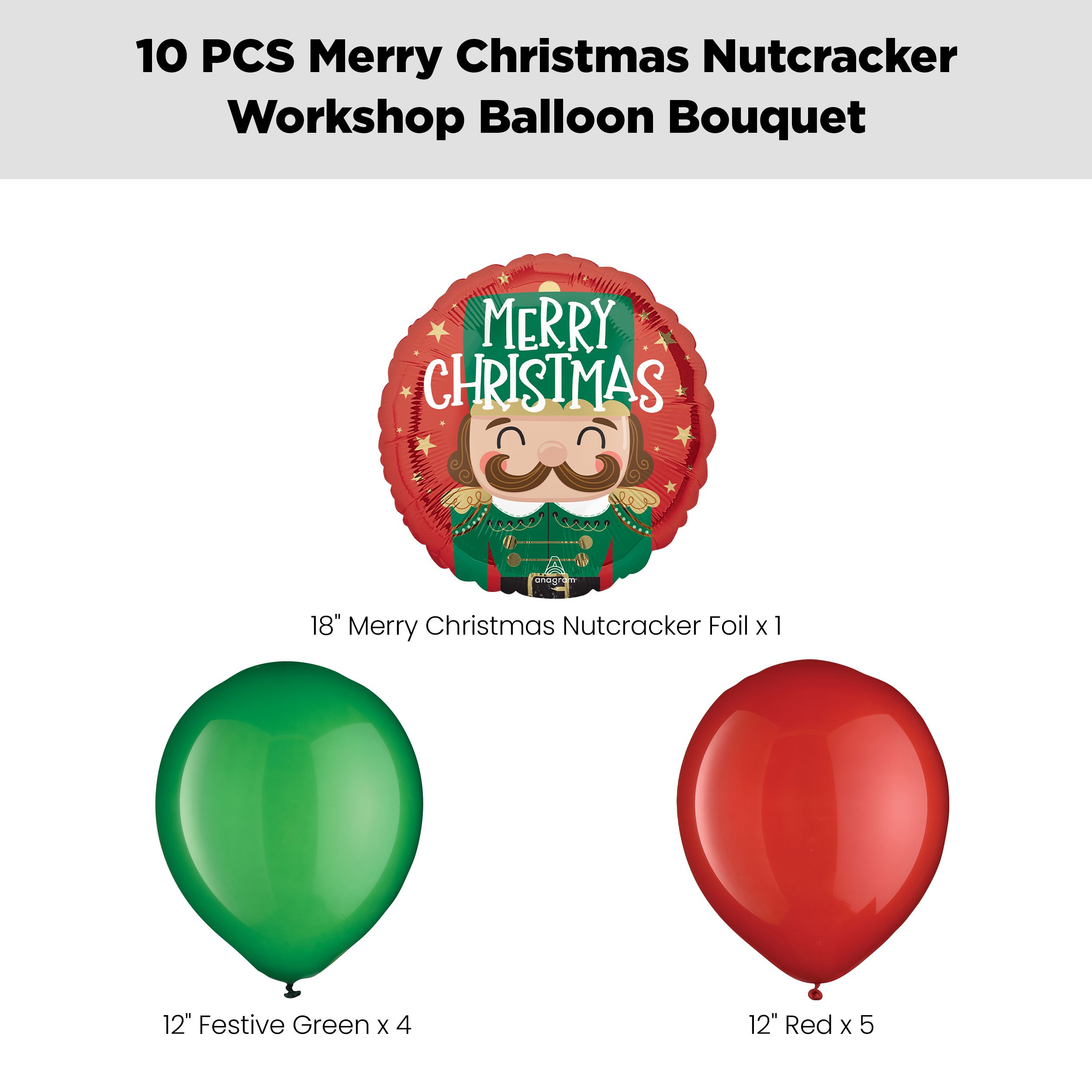 "Merry Christmas" Nutcracker Balloon Bouquet with Latex Balloons, Red/Festival Green, 10-pk, Helium Inflation & Ribbon Included Front_Flat