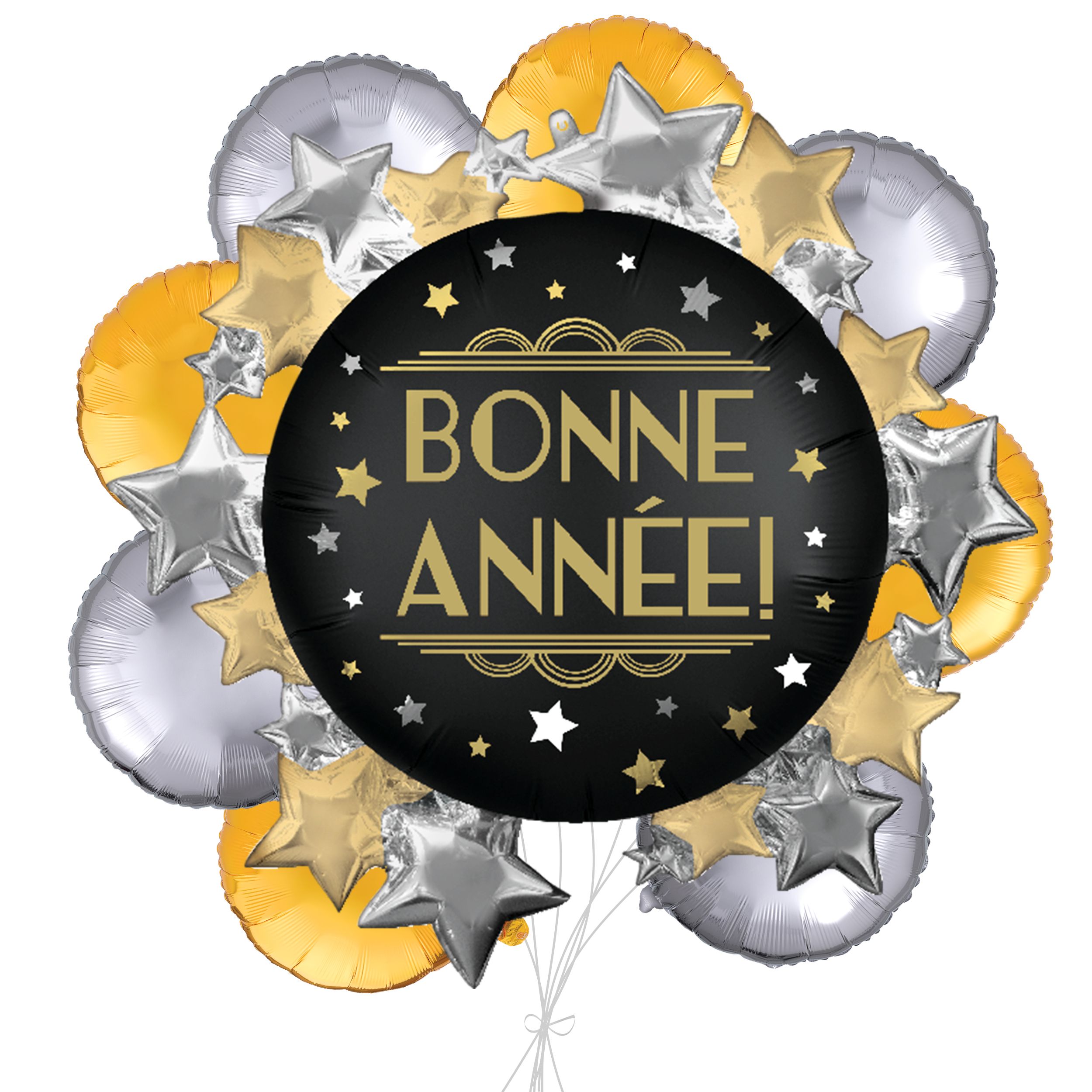 Bouquet de ballons géants métalliques satinés ronds et étoilés Bonne année avec ballons métalliques, doré/argenté, paq. 9, gonflage à l’hélium et ruban inclus Front_Flat