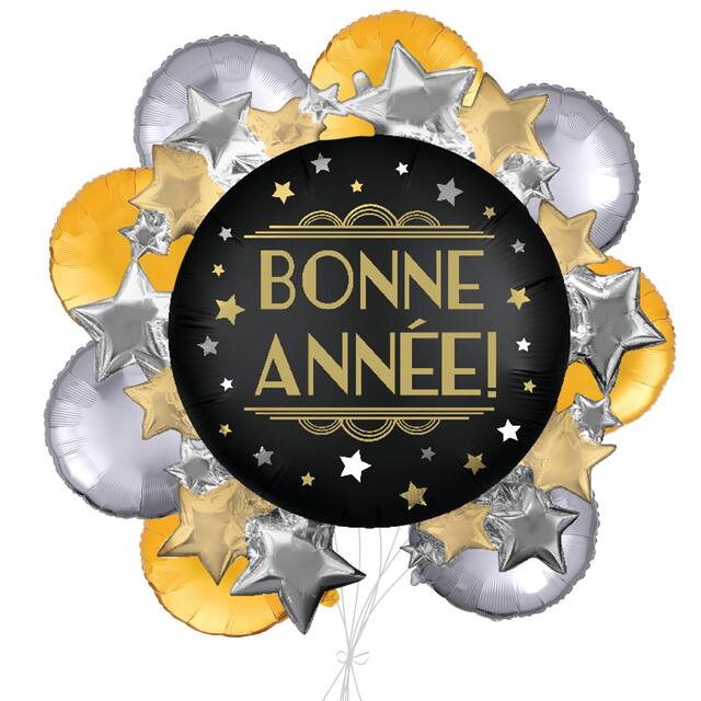 "Bonne Année" French Round & Stars Satin Foil Supershape Balloon Bouquet with Foil Balloons, Gold/Silver, 9-pk, Helium Inflation & Ribbon Included Front_Flat