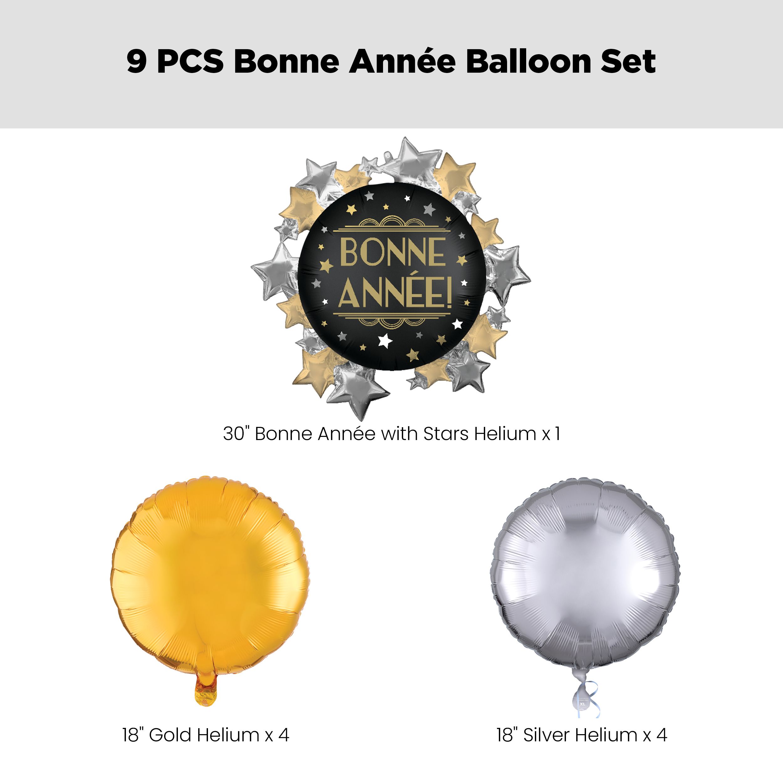 "Bonne Année" French Round & Stars Satin Foil Supershape Balloon Bouquet with Foil Balloons, Gold/Silver, 9-pk, Helium Inflation & Ribbon Included Front_Flat