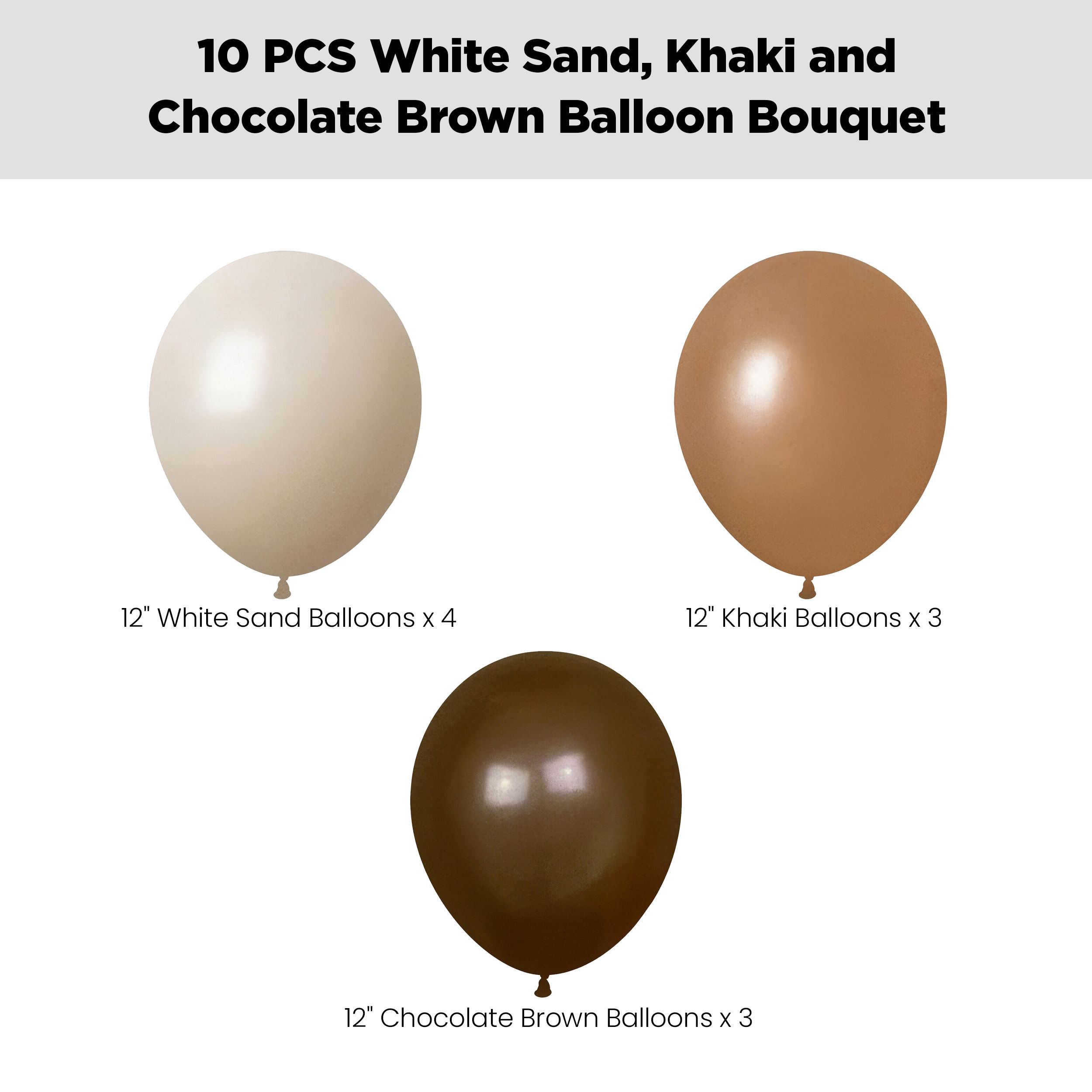 Latex Balloon Bouquet, White Sand/Khaki/Chocolate Brown, 10-pk, Helium Inflation & Ribbon Included for Birthday/Special Occasion Front_Flat