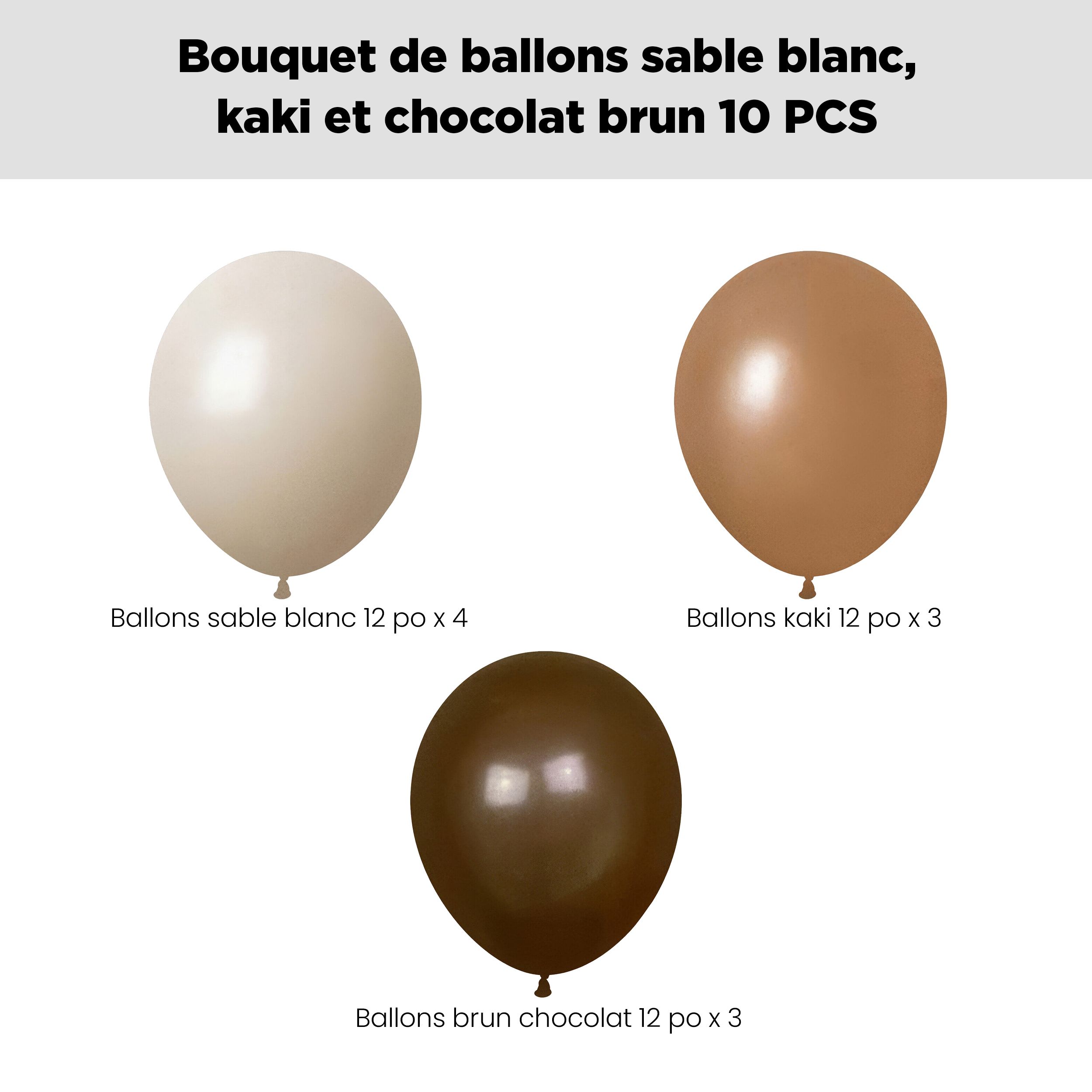 Bouquet de ballons en latex, sable blanc, kaki et brun chocolat, 10 pce, gonflage à l’hélium et ruban inclus, pour anniversaire/occasion spéciale Front_Flat