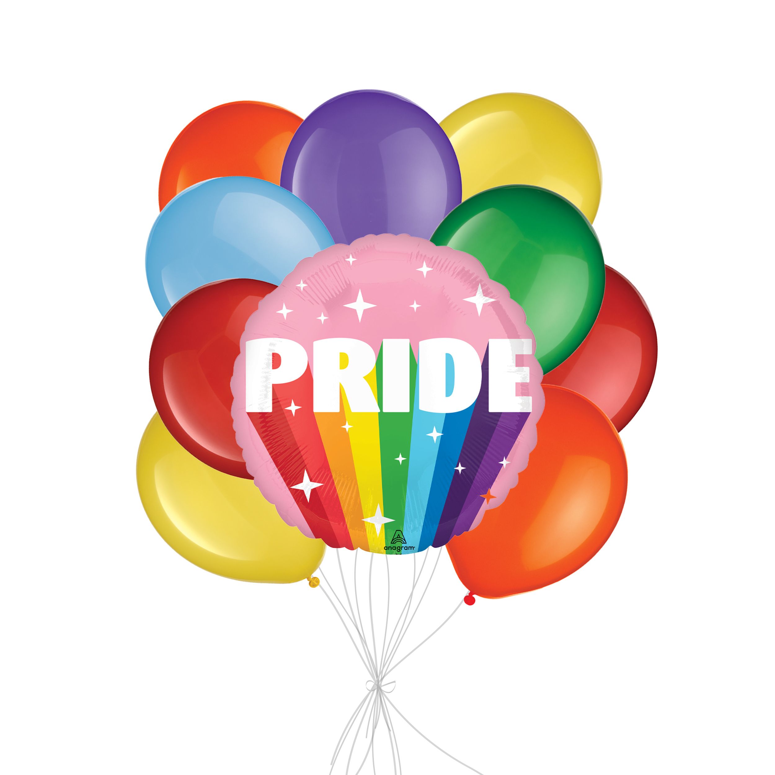 Bouquet de ballons arc-en-ciel Pride avec ballons en latex, couleurs arc-en-ciel, paq. 10, gonflage à l’hélium et ruban compris Front_Flat