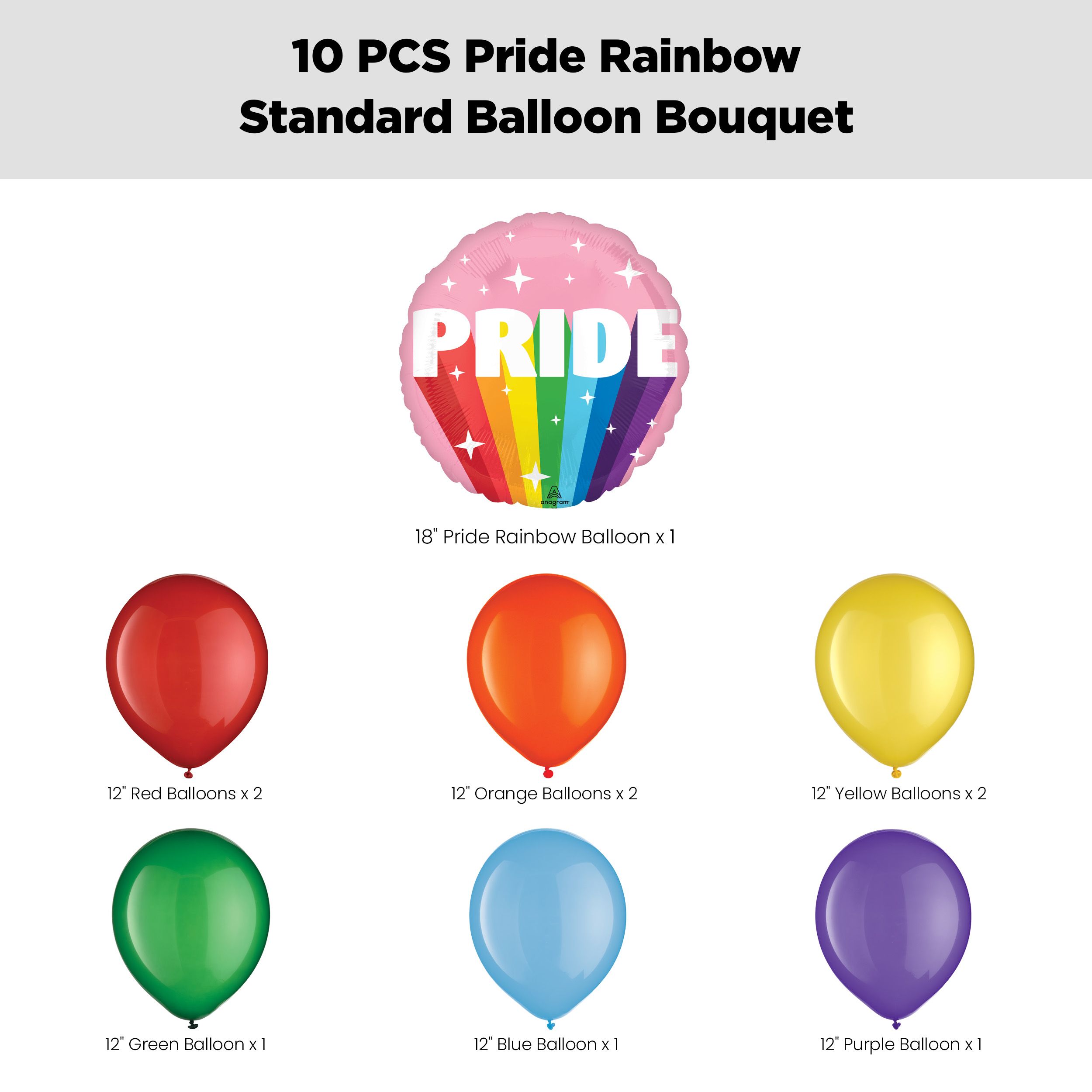 “Pride” Rainbow Balloon Bouquet with Latex Balloons, Rainbow Colour, 10-pk, Helium Inflation & Ribbon Included Front_Flat