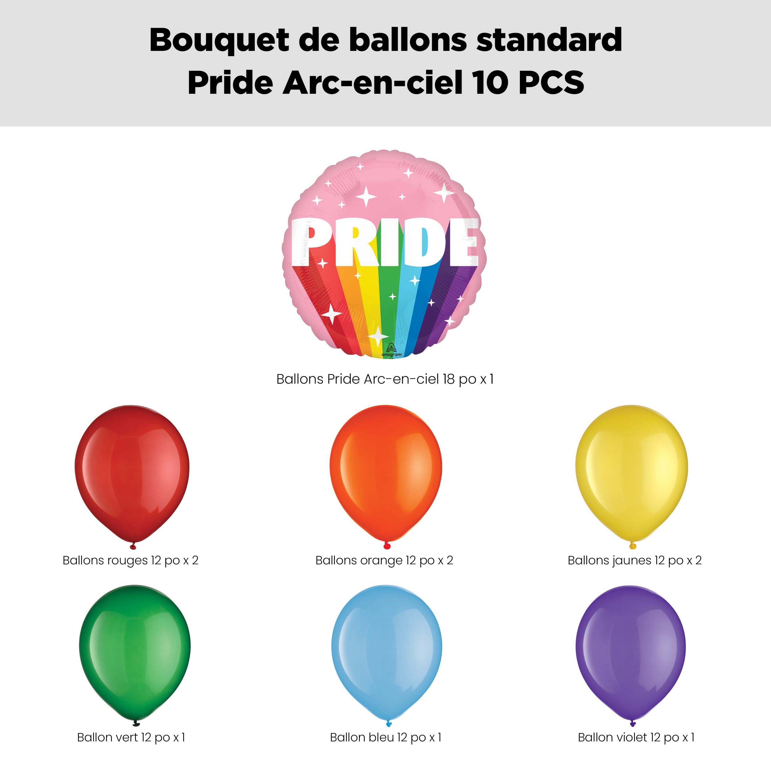 Bouquet de ballons arc-en-ciel Pride avec ballons en latex, couleurs arc-en-ciel, paq. 10, gonflage à l’hélium et ruban compris Front_Flat