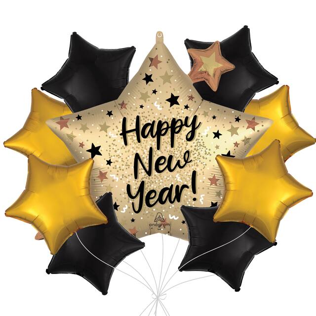 "Happy New Year" Natural Sparkle Star Satin Foil Supershape Balloon Bouquet with Star Foil Balloons, Gold/Black, 9-pk, Helium Inflation & Ribbon Included Front_Flat