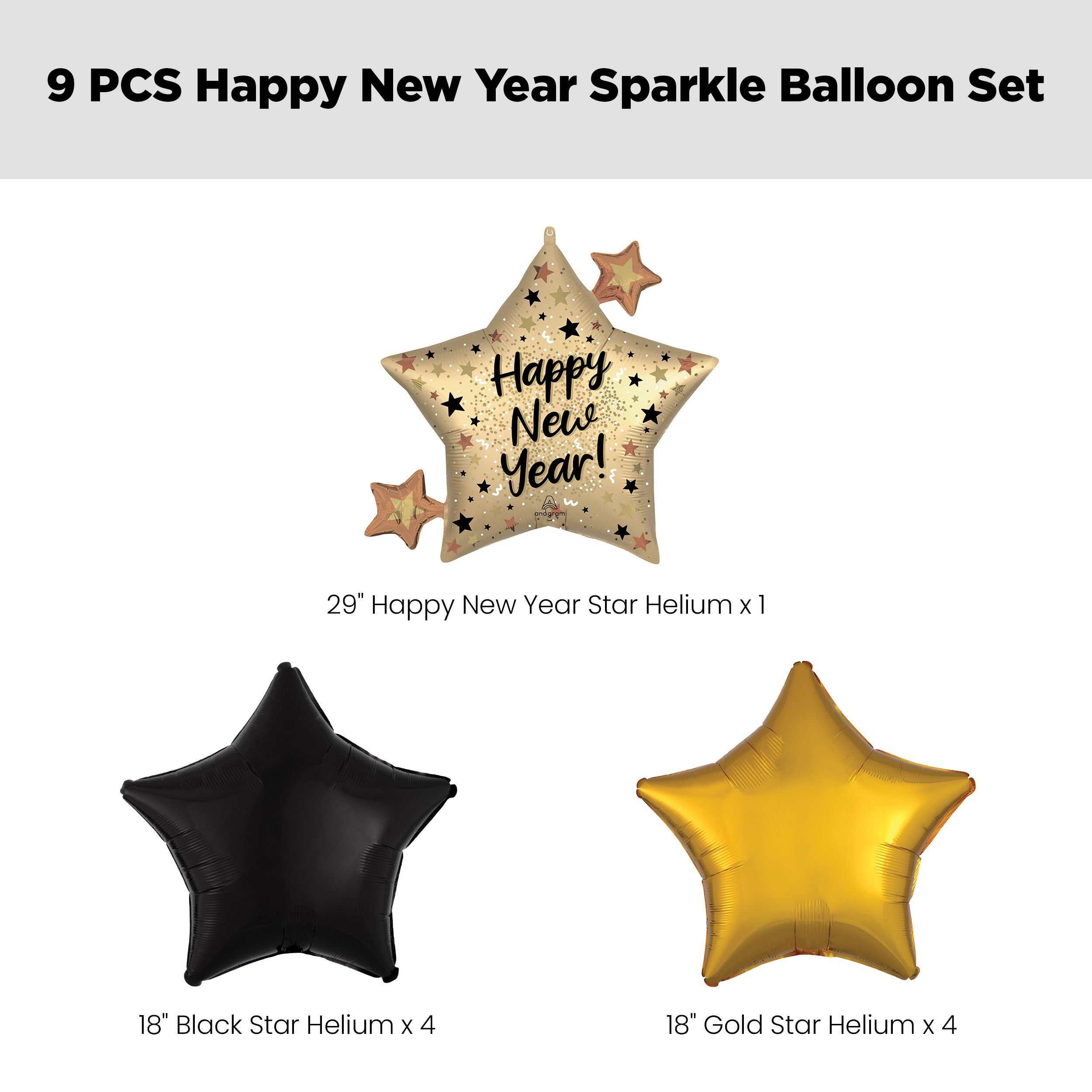 "Happy New Year" Natural Sparkle Star Satin Foil Supershape Balloon Bouquet with Star Foil Balloons, Gold/Black, 9-pk, Helium Inflation & Ribbon Included Front_Flat
