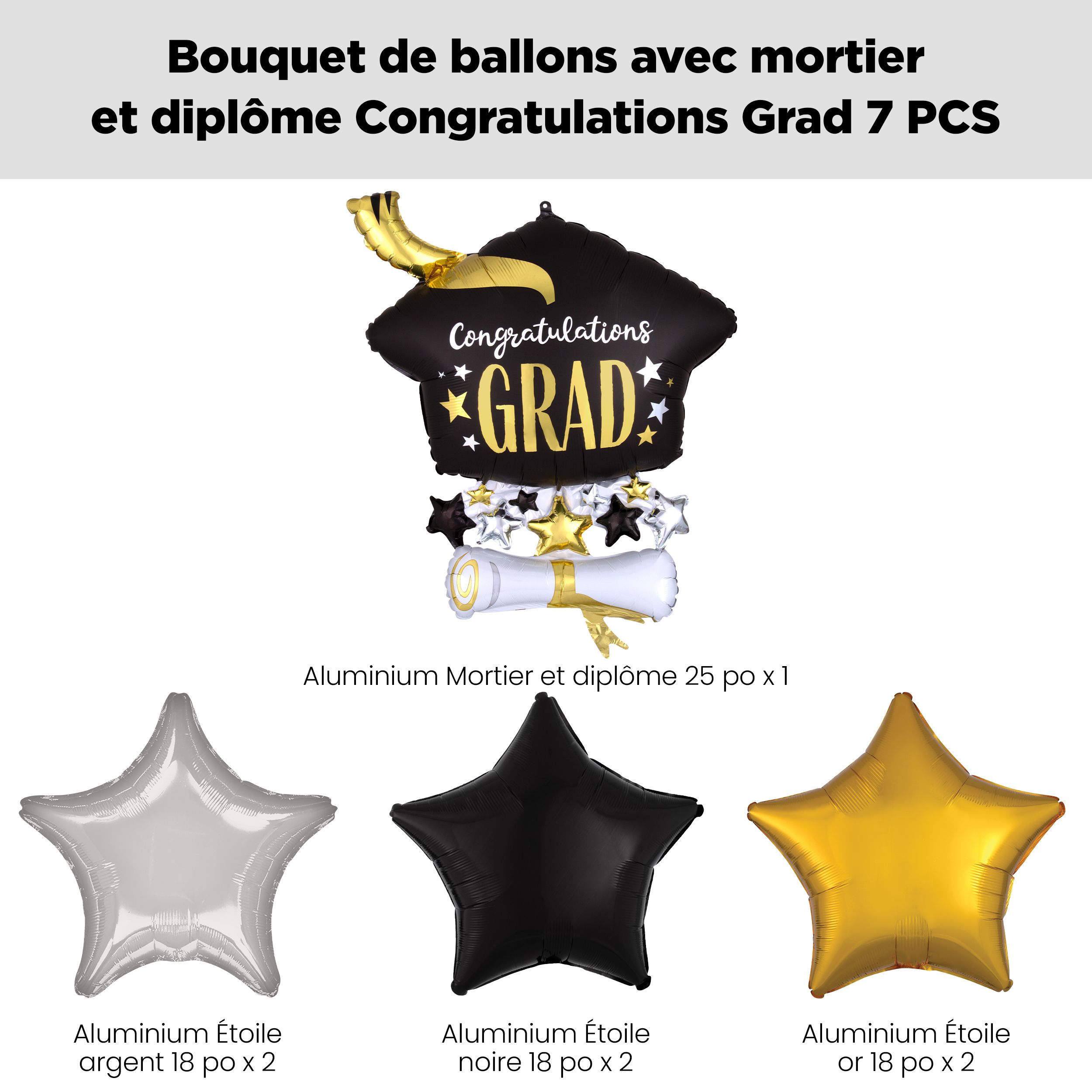Bouquet de ballons en forme super mortier et diplôme «&nbsp;Congrats Grad!&nbsp;» avec ballons étoiles en aluminium noirs, dorés et argentés, paq. 7, gonflage à l’hélium et ruban inclus Front_Flat
