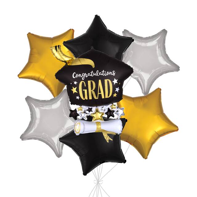 “Congratulations Grad” Cap and Diploma Supershape Balloon Bouquet with Star Foil Balloons, Black/Gold/Silver, 7-pk, Helium Inflation & Ribbon Included Front_Flat