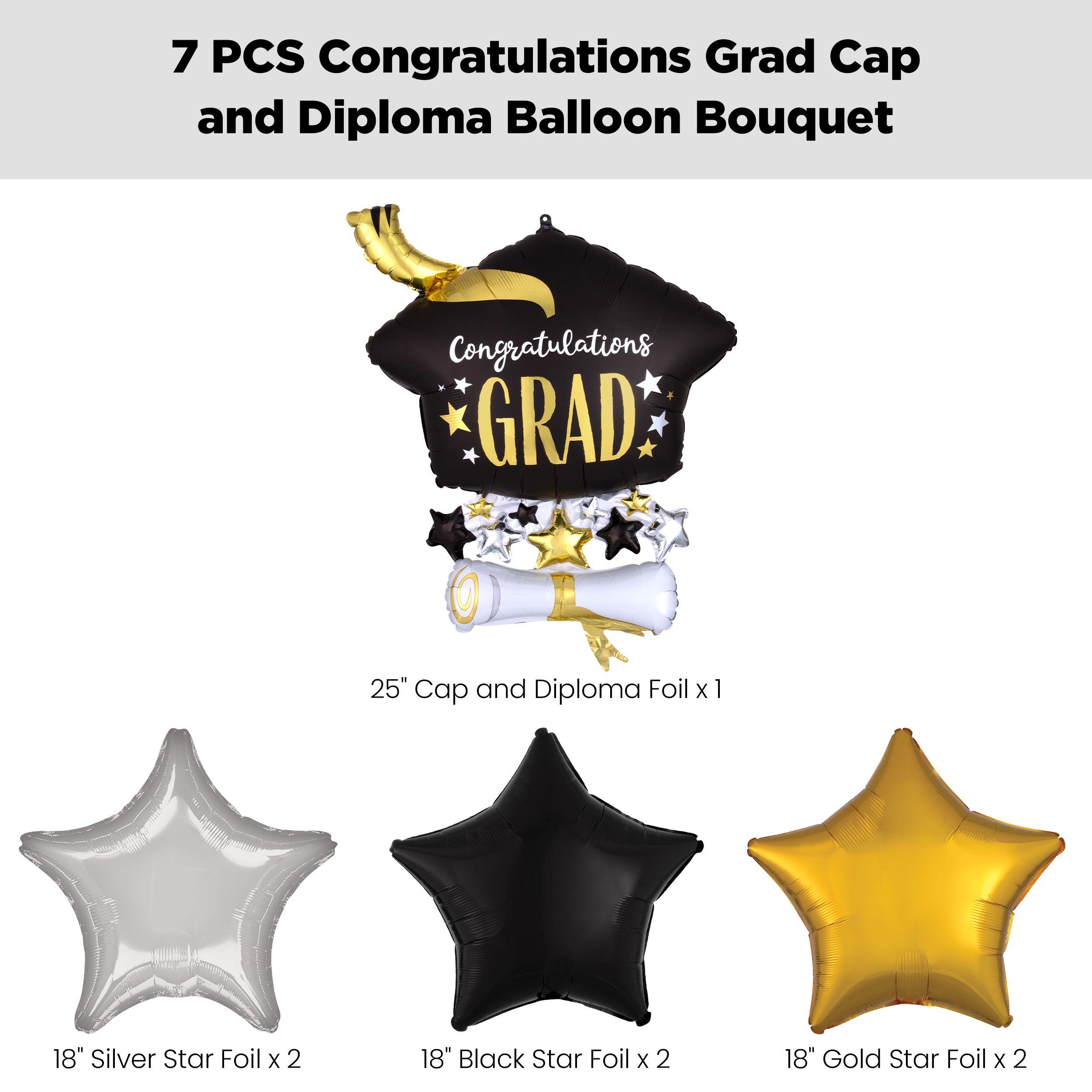 “Congratulations Grad” Cap and Diploma Supershape Balloon Bouquet with Star Foil Balloons, Black/Gold/Silver, 7-pk, Helium Inflation & Ribbon Included Front_Flat