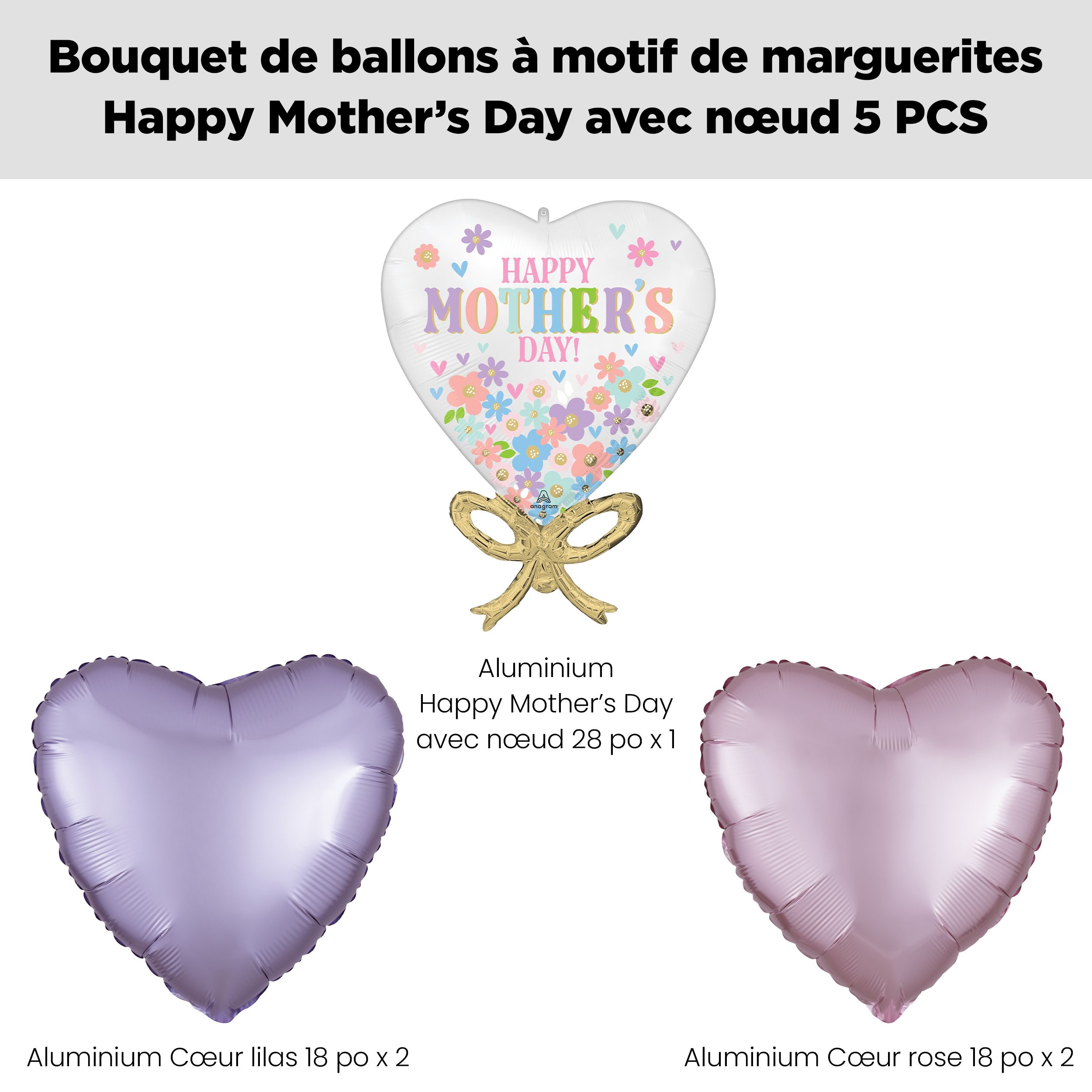 Bouquet de ballons en forme super à motif ruban de marguerites «&nbsp;Happy Mother’s Day&nbsp;» avec ballons en aluminium en forme de cœur roses et lilas, paq. 5, gonflage à l’hélium et ruban inclus Front_Flat