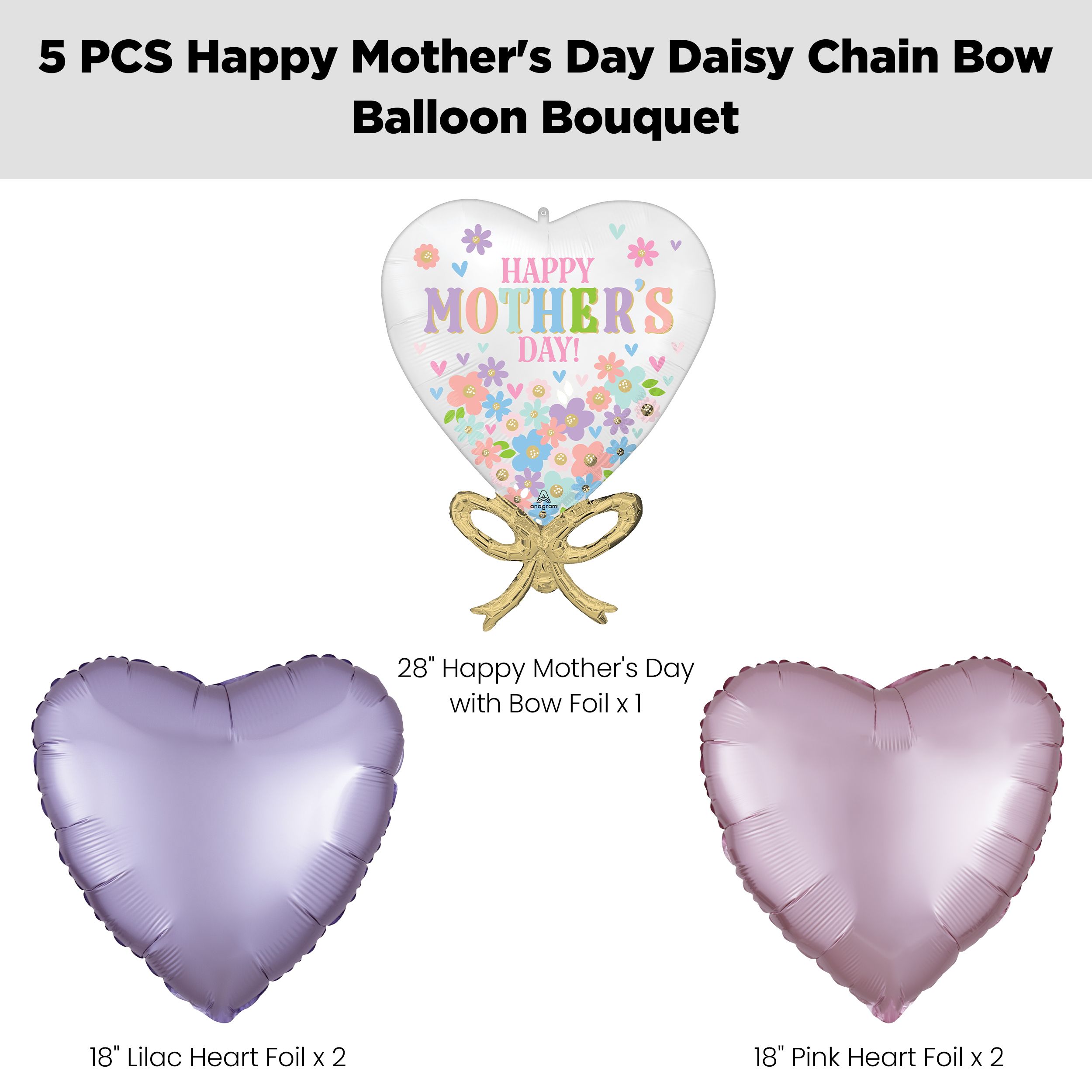 “Happy Mother’s Day” Daisy Chain Bow Supershape Balloon Bouquet with Heart Foil Balloons, Pink/Lilac, 5-pk, Helium Inflation & Ribbon Included Front_Flat