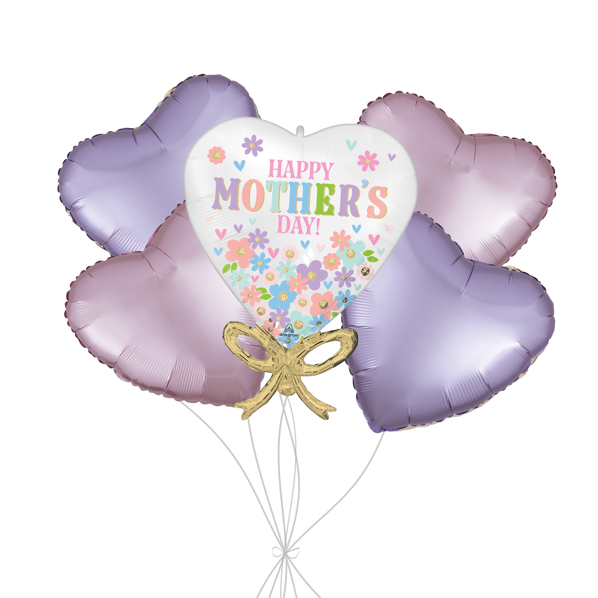 “Happy Mother’s Day” Daisy Chain Bow Supershape Balloon Bouquet with Heart Foil Balloons, Pink/Lilac, 5-pk, Helium Inflation & Ribbon Included Front_Flat