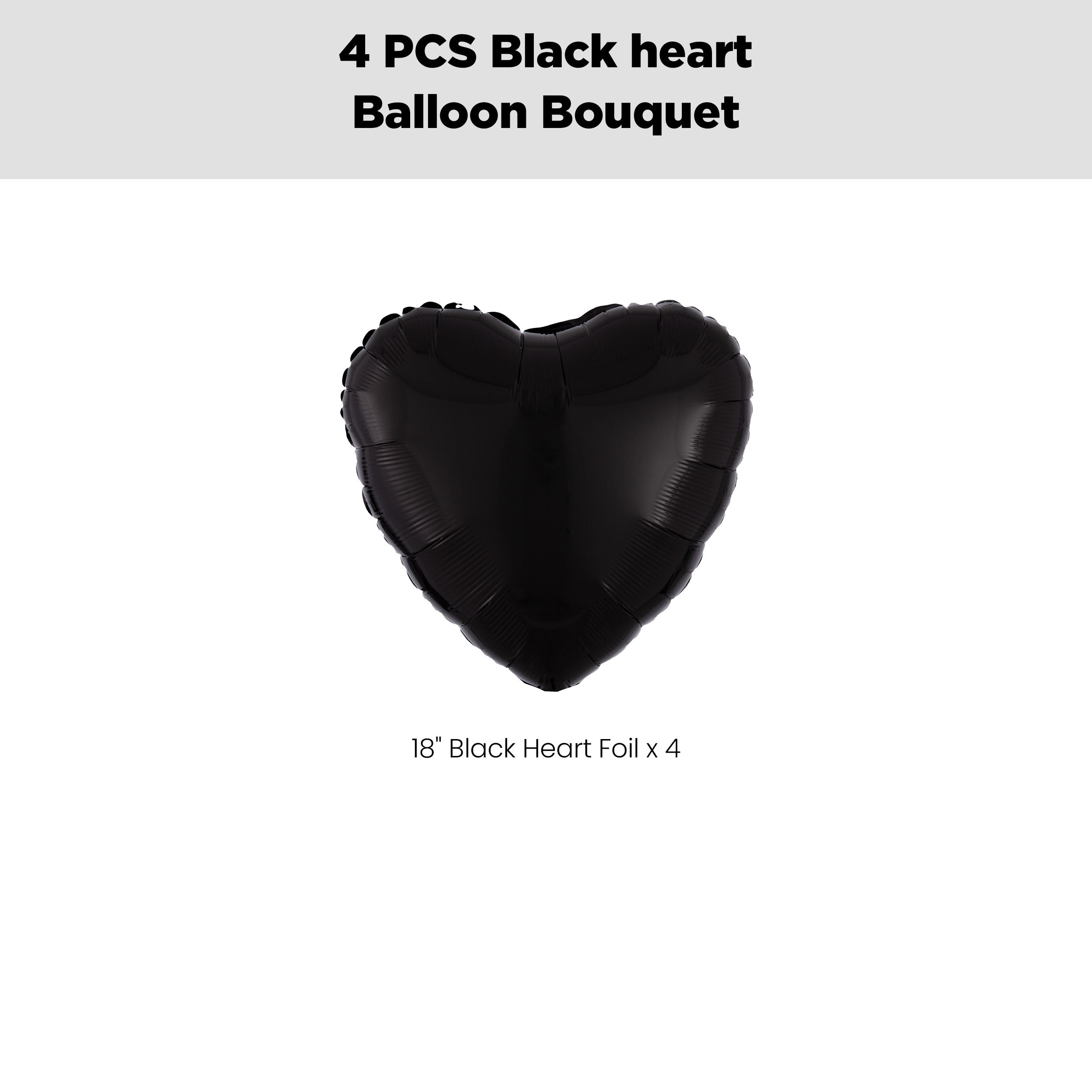 Heart Foil Balloon Bouquet, Black, 4-pk, Helium Inflation & Ribbon Included for Birthday/Special Occasion Front_Flat