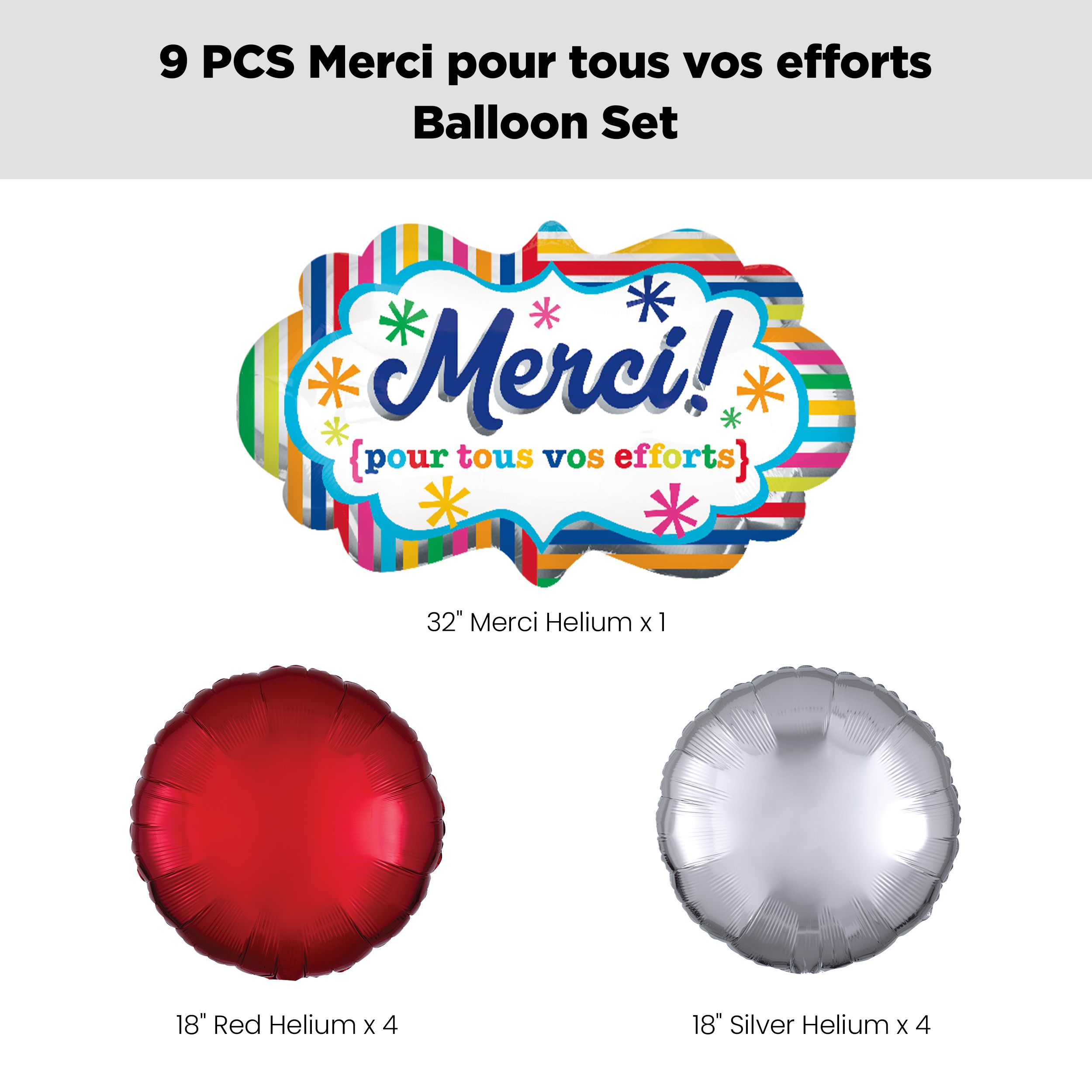 "Merci pour tous vos efforts" French Round Satin Foil Supershape Balloon Bouquet with Foil Balloons, Multi-Coloured, 9-pk, Helium Inflation & Ribbon Included Front_Flat