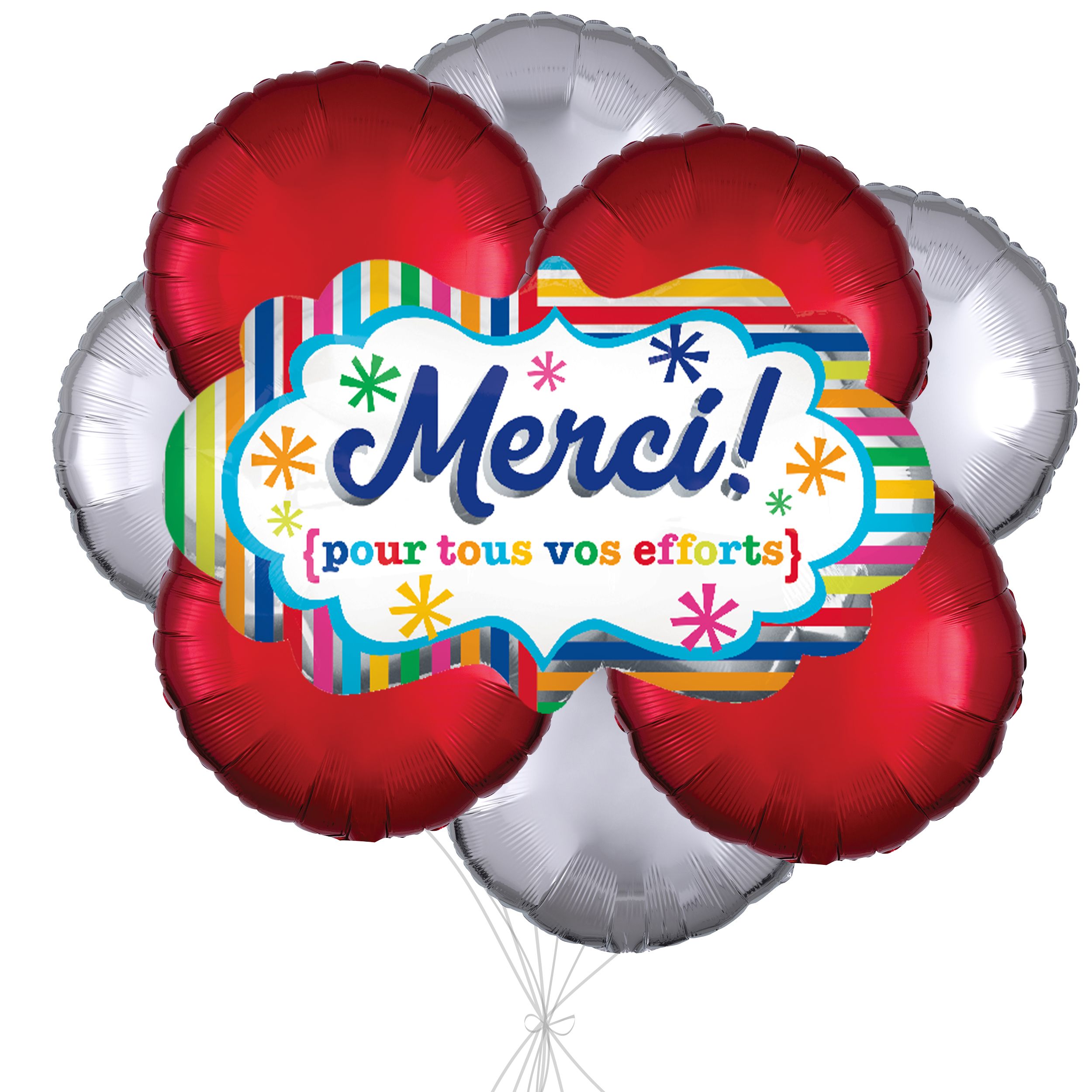 Bouquet de ballons géants ronds métalliques satinés Merci pour tous vos efforts avec ballons métalliques, multicolore, paq. 9, gonflage à l’hélium et ruban inclus Front_Flat