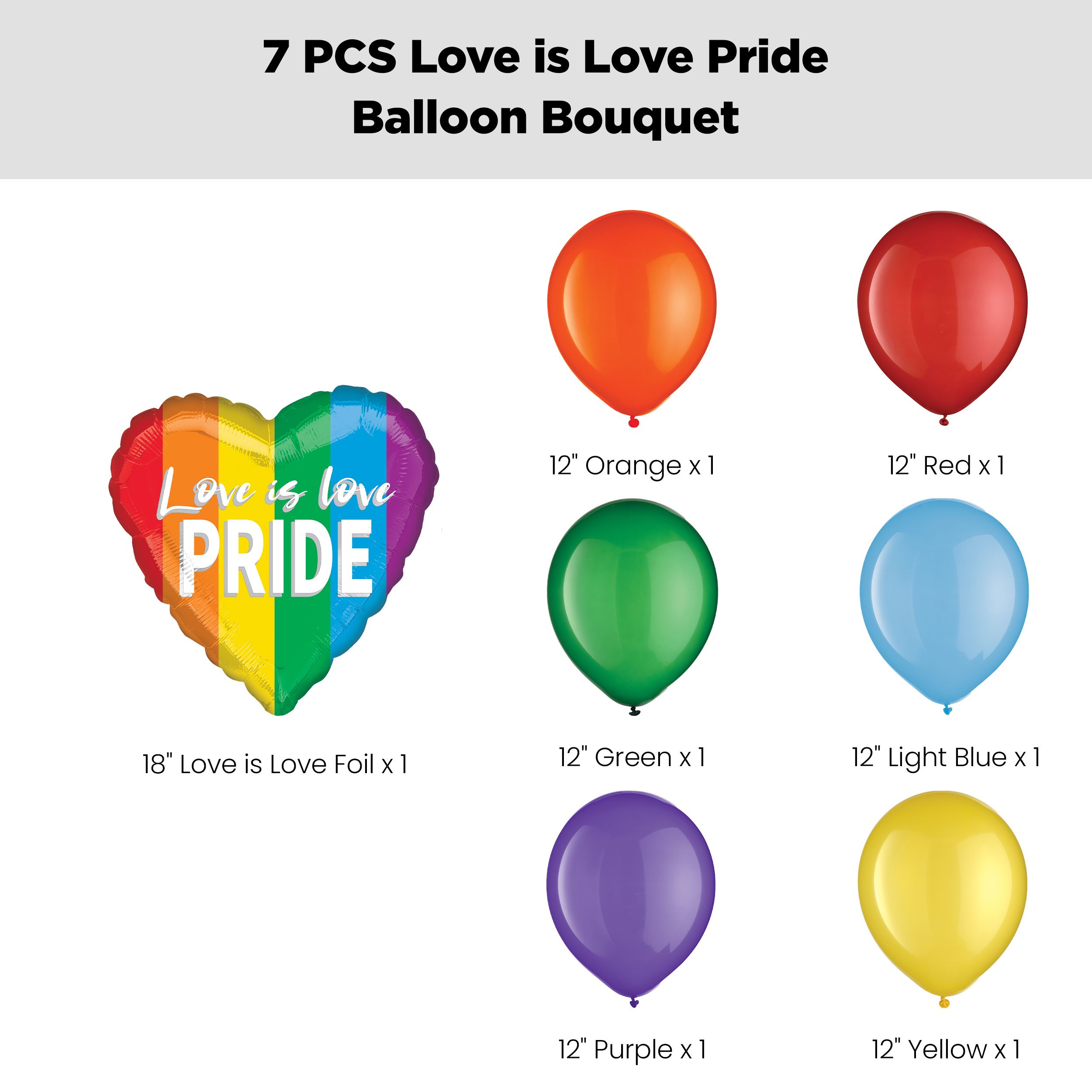 “Love is Love Pride” Balloon Bouquet with Latex Balloons, Rainbow Colour, 10-pk, Helium Inflation & Ribbon Included Front_Flat