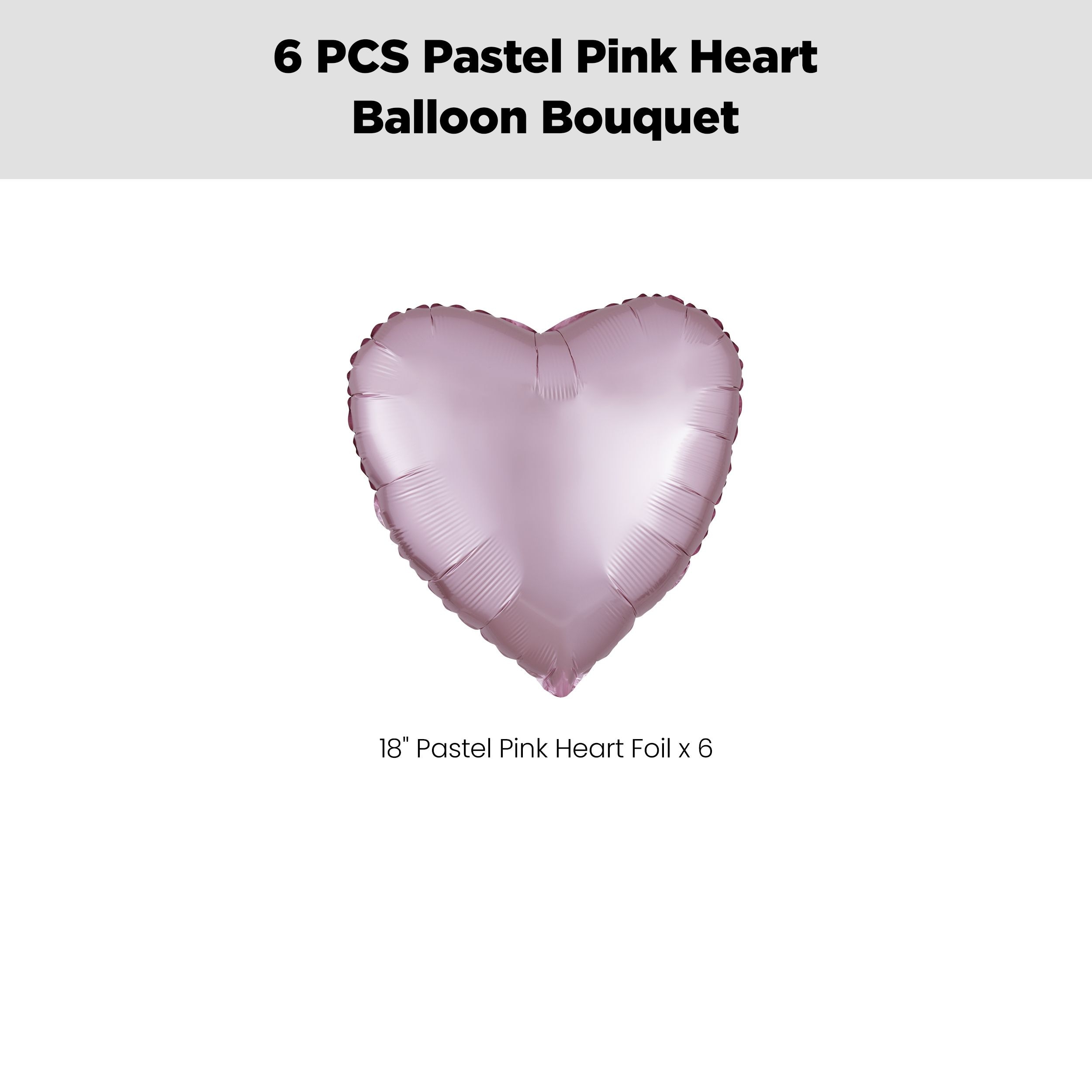 Heart Foil Balloon Bouquet, Pastel Pink, 6-pk, Helium Inflation & Ribbon Included for Birthday/Special Occasion Front_Flat