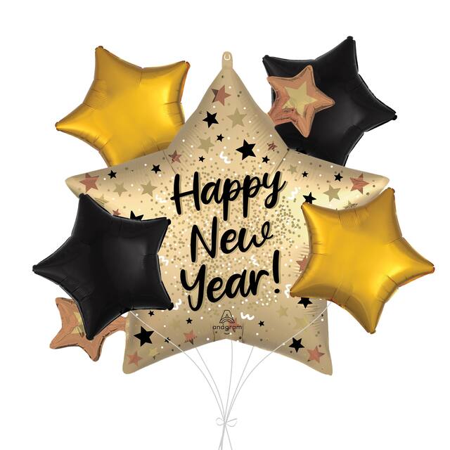 "Happy New Year" Natural Sparkle Star Satin Foil Supershape Balloon Bouquet with Star Foil Balloons, Gold/Black, 5-pk, Helium Inflation & Ribbon Included Front_Flat