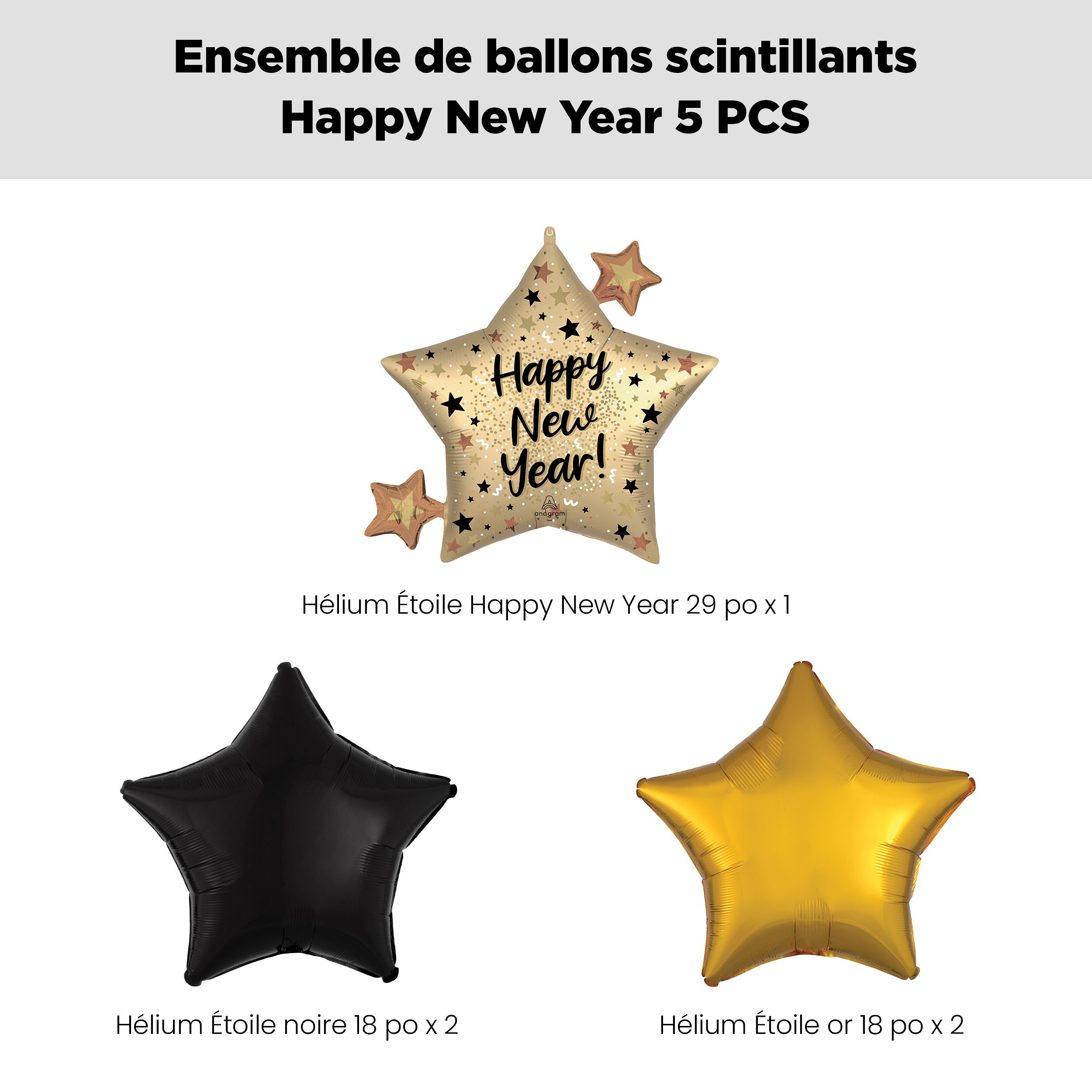 Bouquet de ballons géants métalliques étoilés brillants Happy New Year avec ballons métalliques étoilés, doré/noir, paq. 5, gonflage à l’hélium et ruban inclus Front_Flat