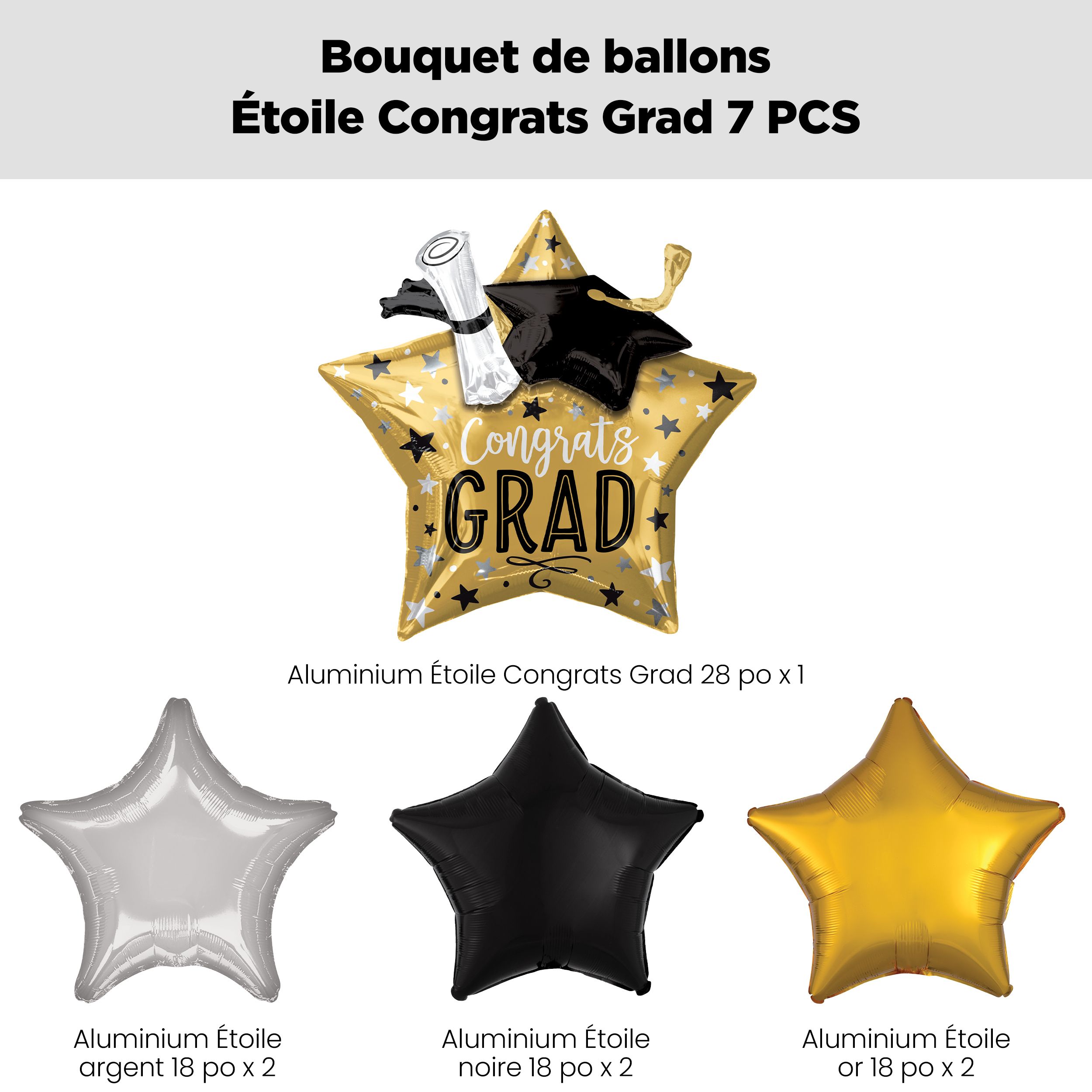 Bouquet de ballons en forme super étoiles «&nbsp;Congrats Grad!&nbsp;» avec ballons étoiles en aluminium noirs, dorés et argentés, paq. 7, gonflage à l’hélium et ruban inclus Front_Flat