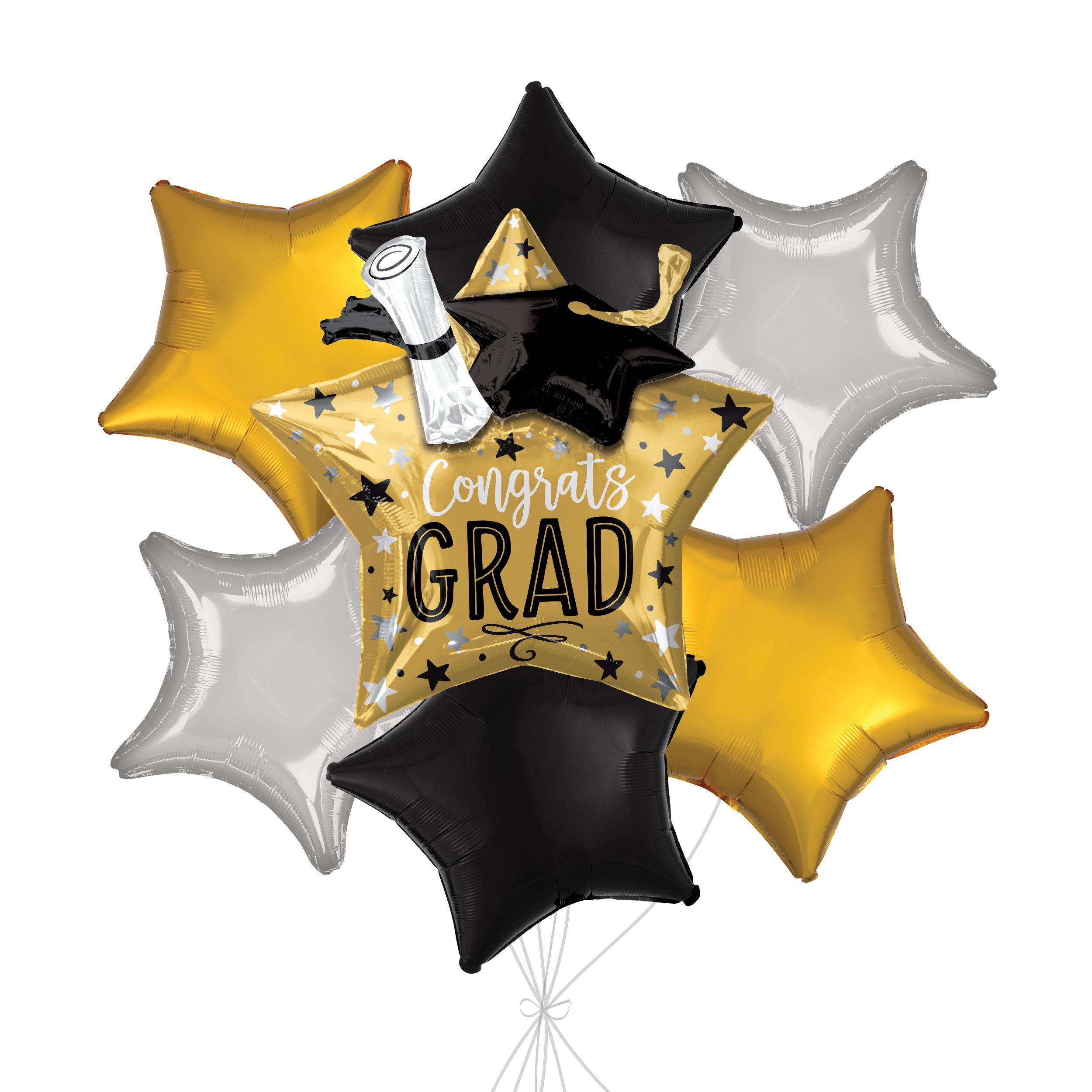 Bouquet de ballons en forme super étoiles «&nbsp;Congrats Grad!&nbsp;» avec ballons étoiles en aluminium noirs, dorés et argentés, paq. 7, gonflage à l’hélium et ruban inclus Front_Flat