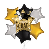 Bouquet de ballons en forme super étoiles « Congrats Grad! » avec ballons étoiles en aluminium noirs, dorés et argentés, paq. 7, gonflage à l’hélium et ruban inclus Front_Flat