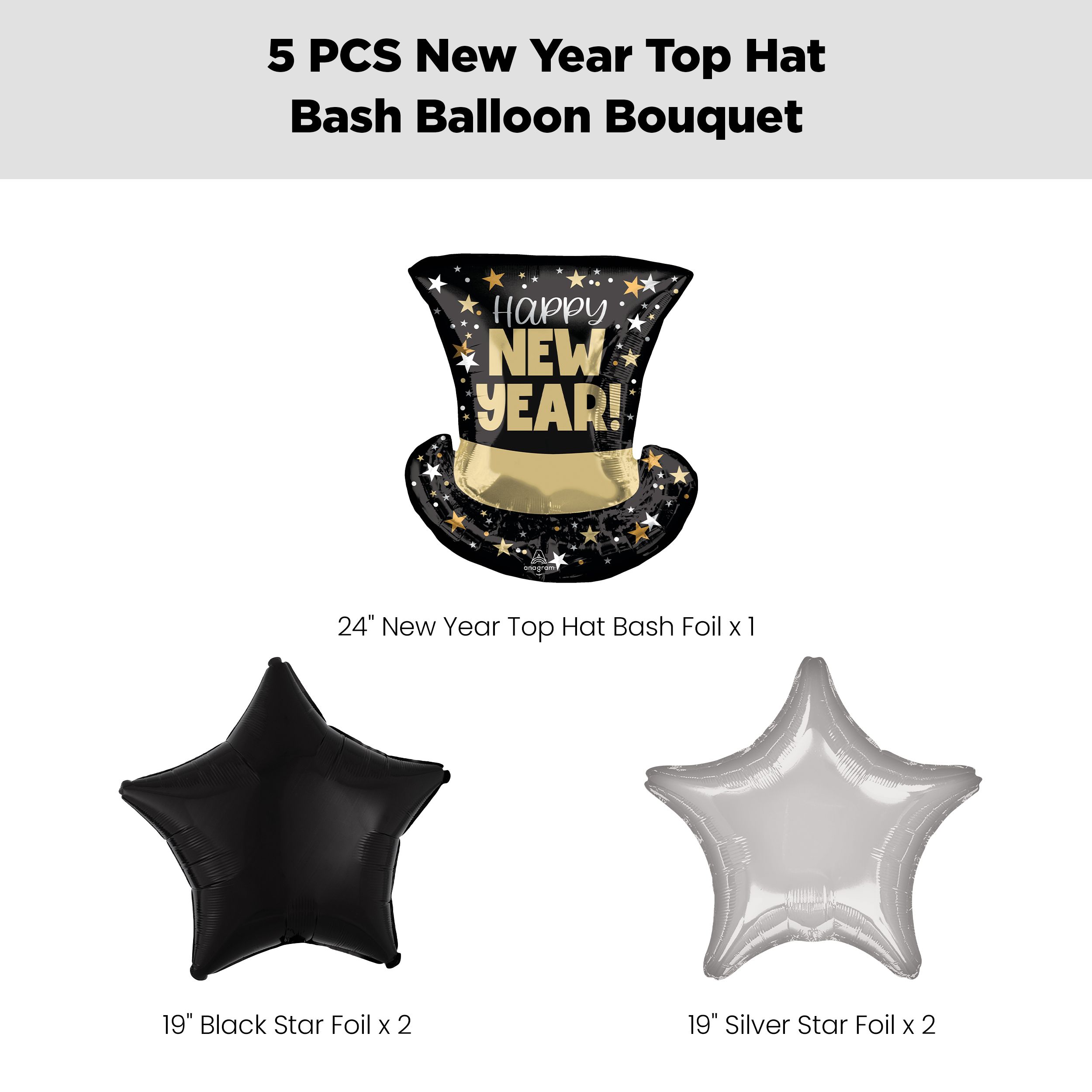 "Happy New Year!" Top Hat Bash Supershape Balloon Bouquet with Star Foil Balloons, Black/Silver, 5-pk, Helium Inflation & Ribbon Included Front_Flat