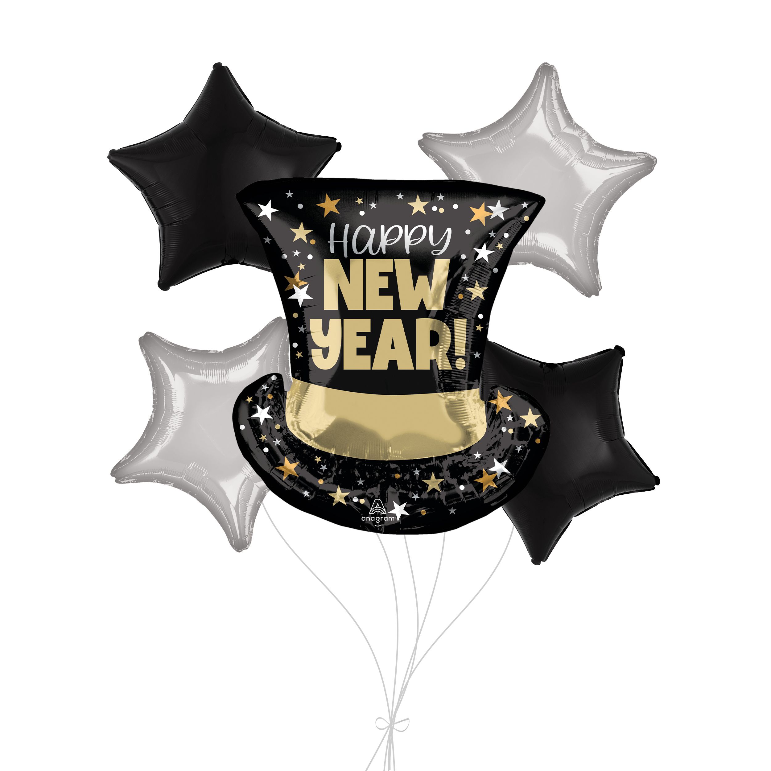 Happy New Year! Bouquet de ballons de forme extraordinaire haut de forme de fête en avec ballons étoiles en aluminium en forme d'étoile doré/argenté, paq. 5, gonflage à l'hélium et ruban inclus Front_Flat