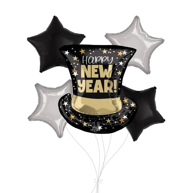 "Happy New Year!" Top Hat Bash Supershape Balloon Bouquet with Star Foil Balloons, Black/Silver, 5-pk, Helium Inflation & Ribbon Included Front_Flat