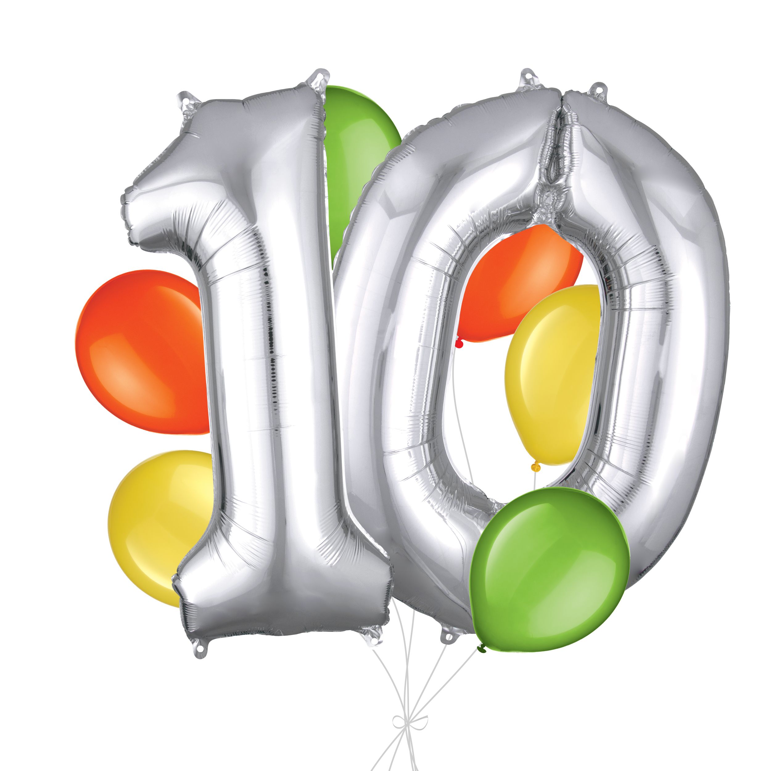 Bouquet de ballons, chiffre 10 argent avec ballons en latex, kiwi/jaune/orange, paq. 8, gonflage à l’hélium et ruban inclus pour anniversaire Front_Flat