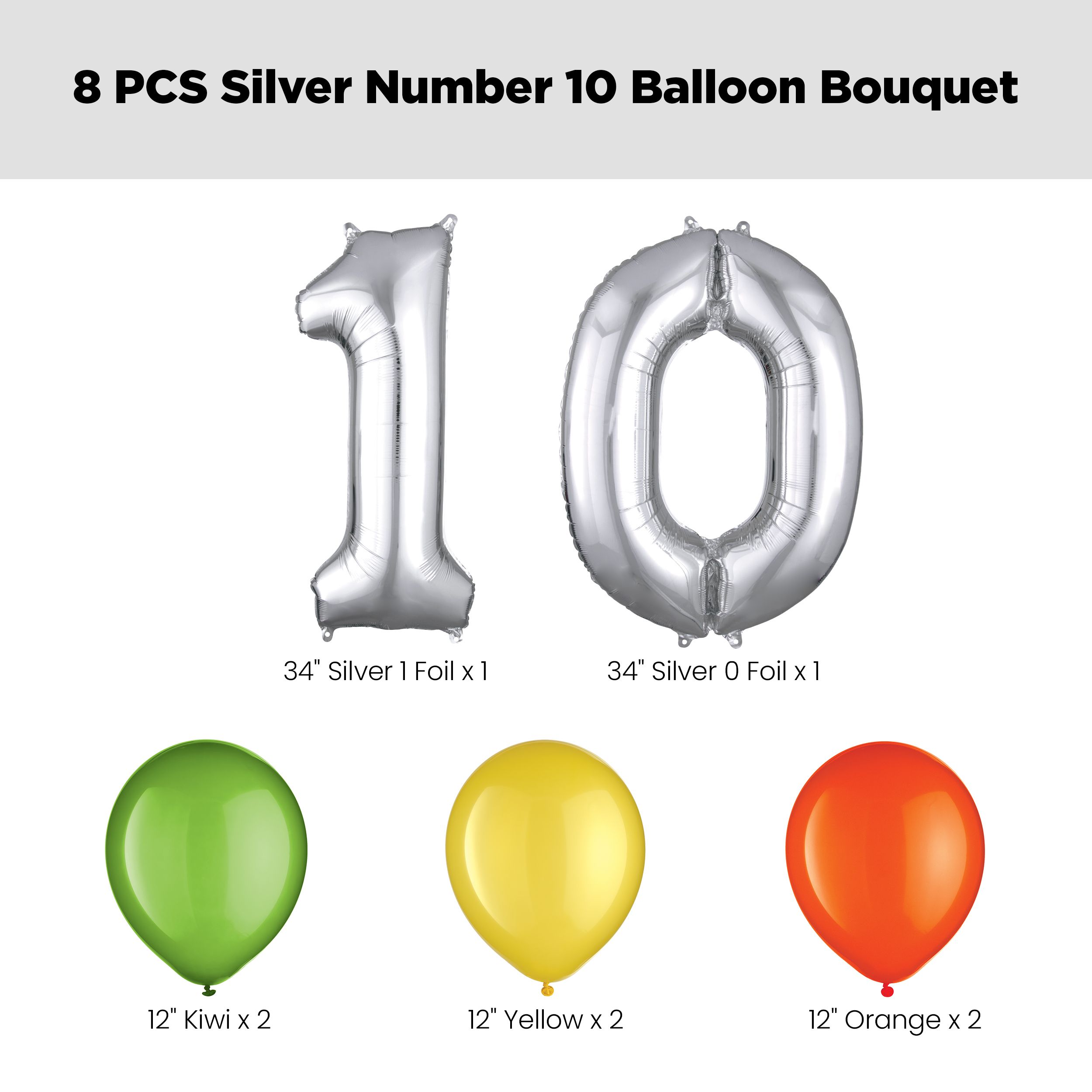 Number "10" Silver Balloon Bouquet with Latex Balloons, Kiwi/Yellow/Orange, 8-pk, Helium Inflation & Ribbon Included for Birthday/Anniversary Front_Flat