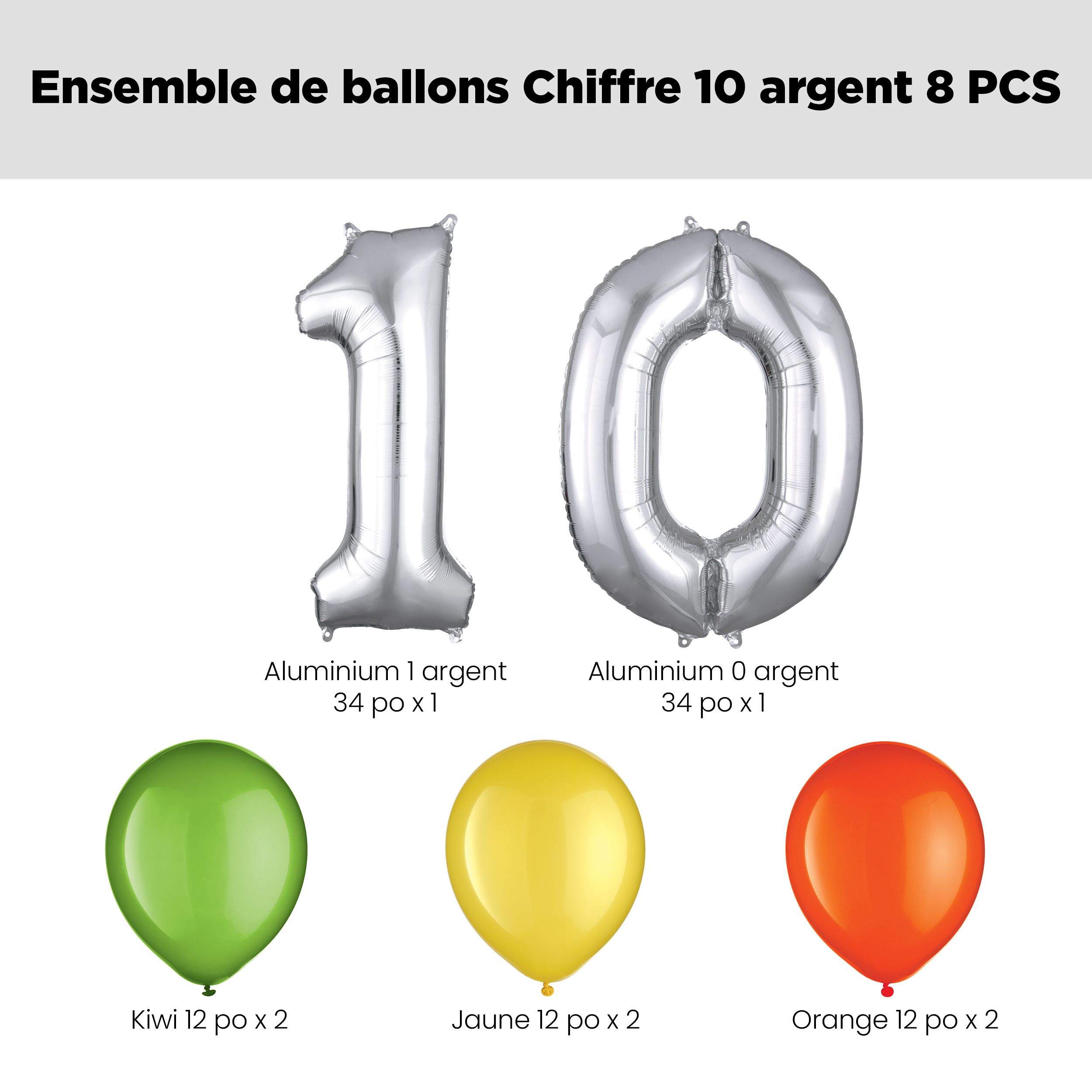 Bouquet de ballons, chiffre 10 argent avec ballons en latex, kiwi/jaune/orange, paq. 8, gonflage à l’hélium et ruban inclus pour anniversaire Front_Flat