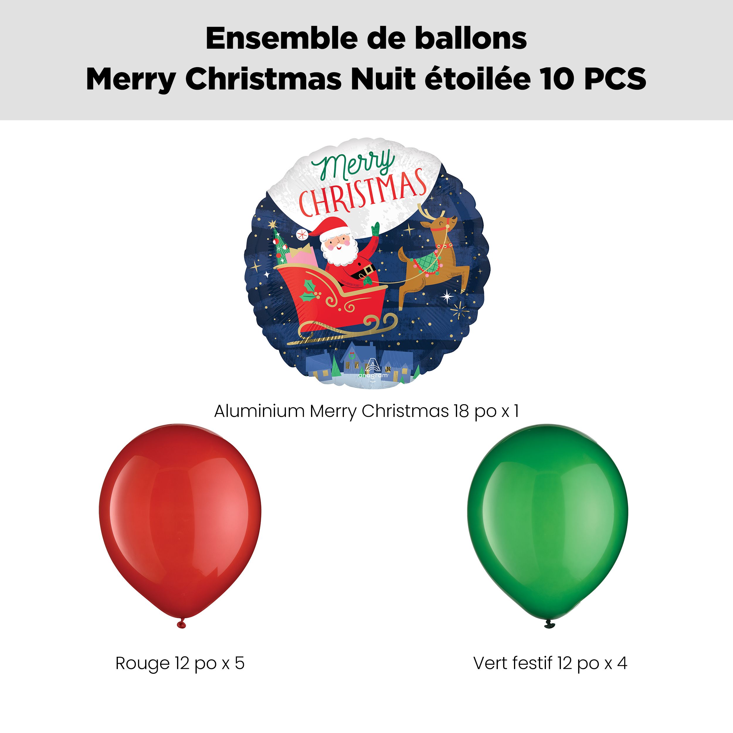 Bouquet de ballons Nuit étoilée «&nbsp;Merry Christmas&nbsp;» avec ballons en latex, rouge/vert festif, 10&nbsp;pièces, gonflement à l’hélium et ruban inclus pour Noël Front_Flat